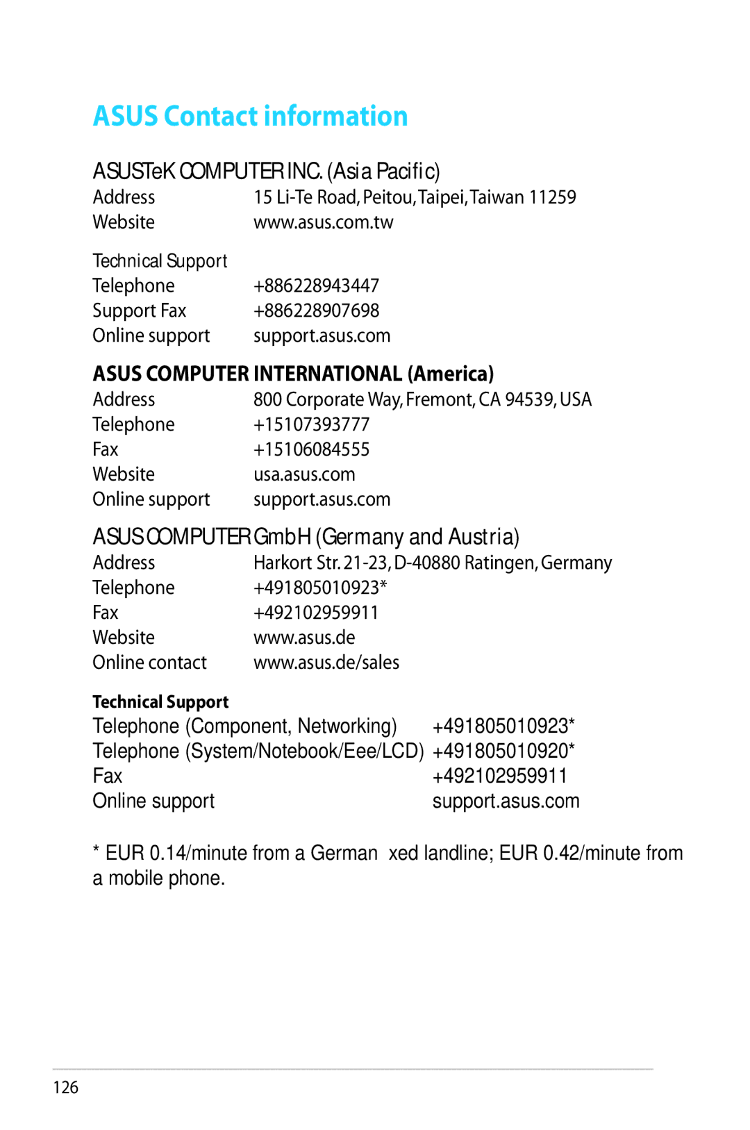 Asus RTAC68U manual Asus Contact information, ASUSTeK Computer INC. Asia Pacific, Asus Computer International America 