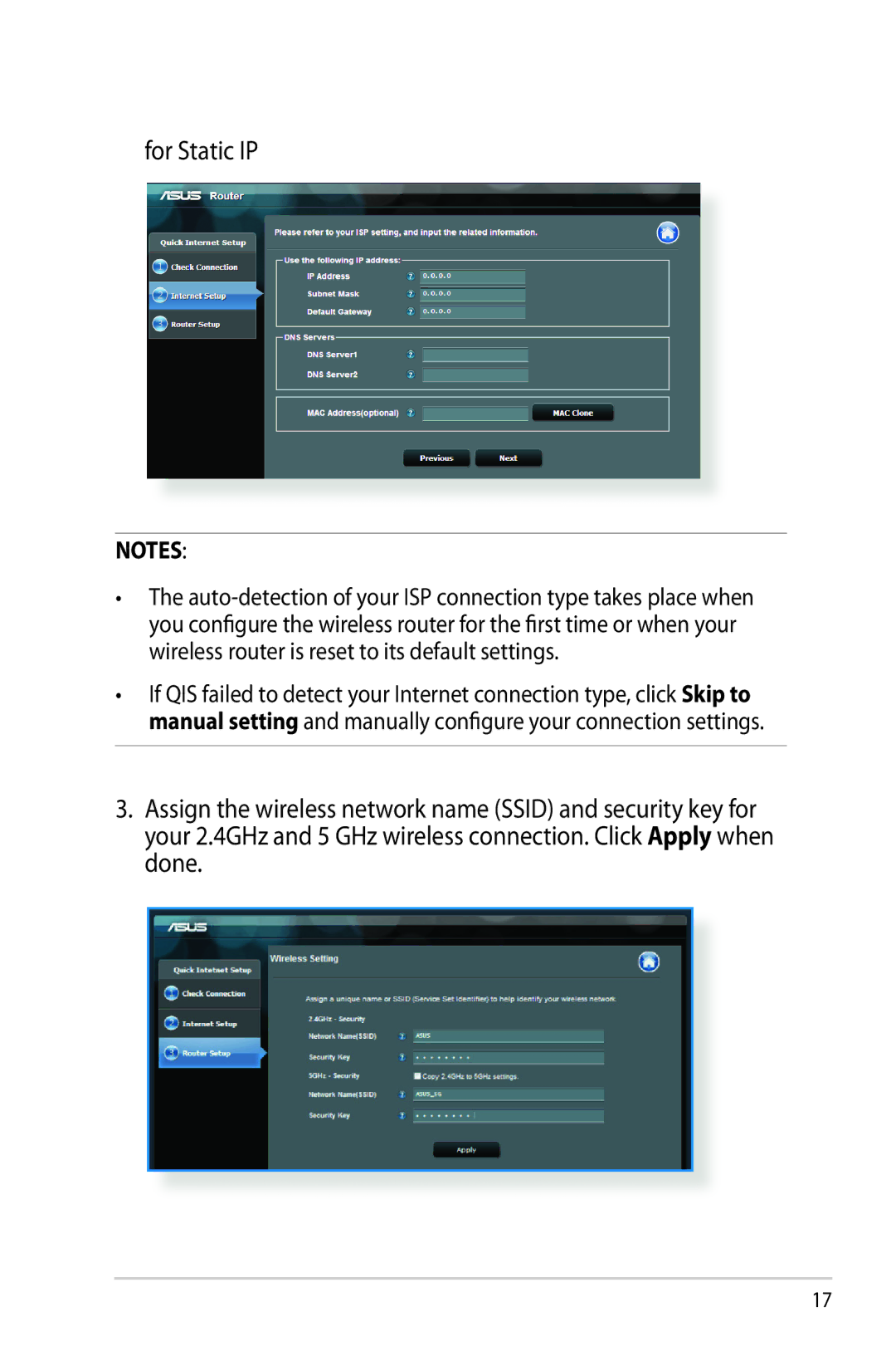 Asus RTAC68U manual For Static IP, Auto-detection of your ISP connection type takes place when 