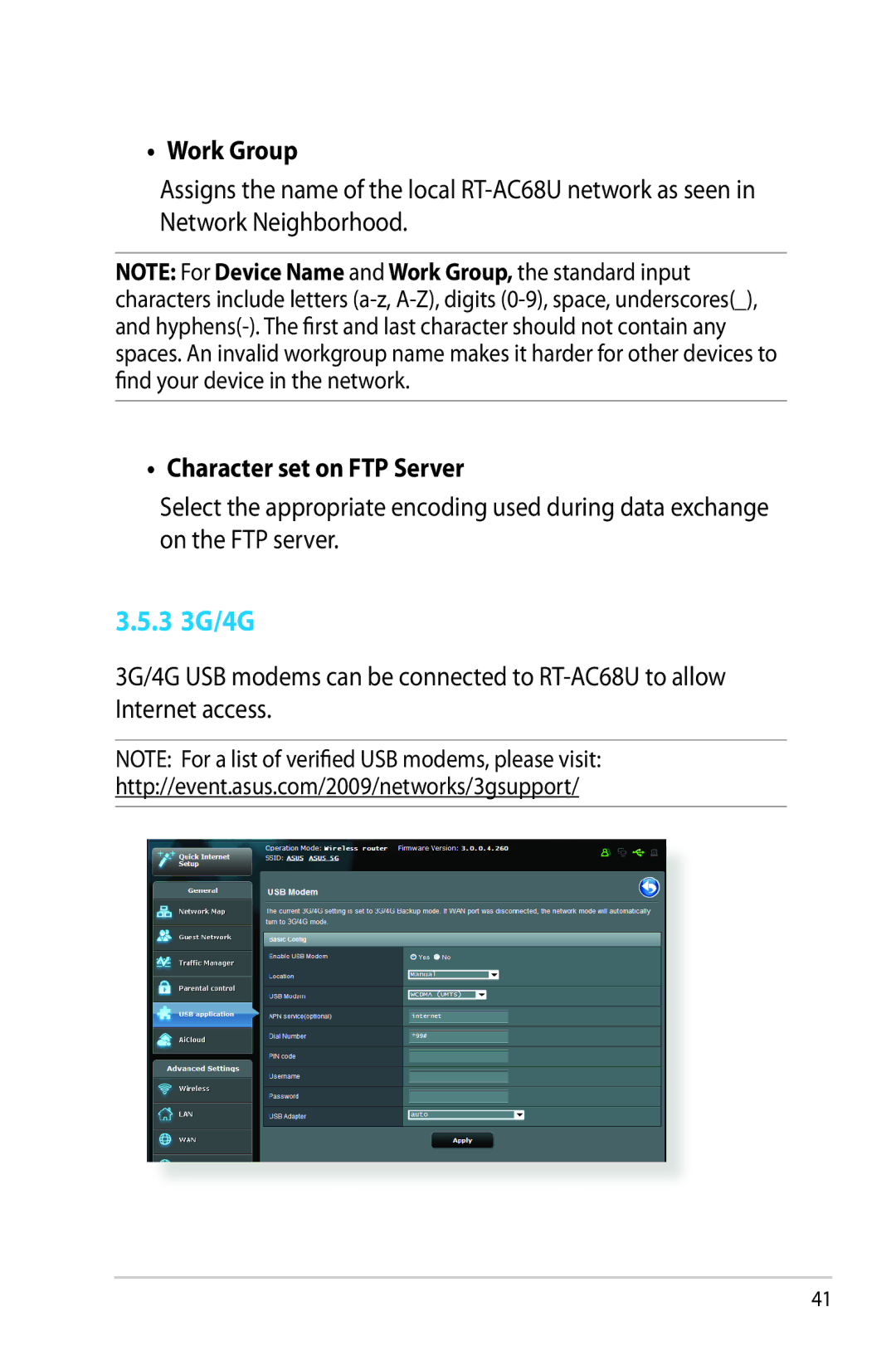 Asus RTAC68U manual 3 3G/4G, Work Group, Character set on FTP Server 