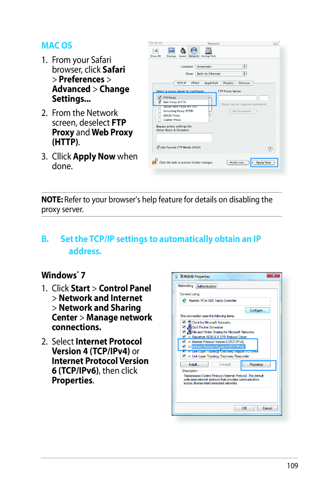 Asus RTAC68U manual Mac Os, Settings, B. Set the TCP/IP settings to automatically obtain an IP address 