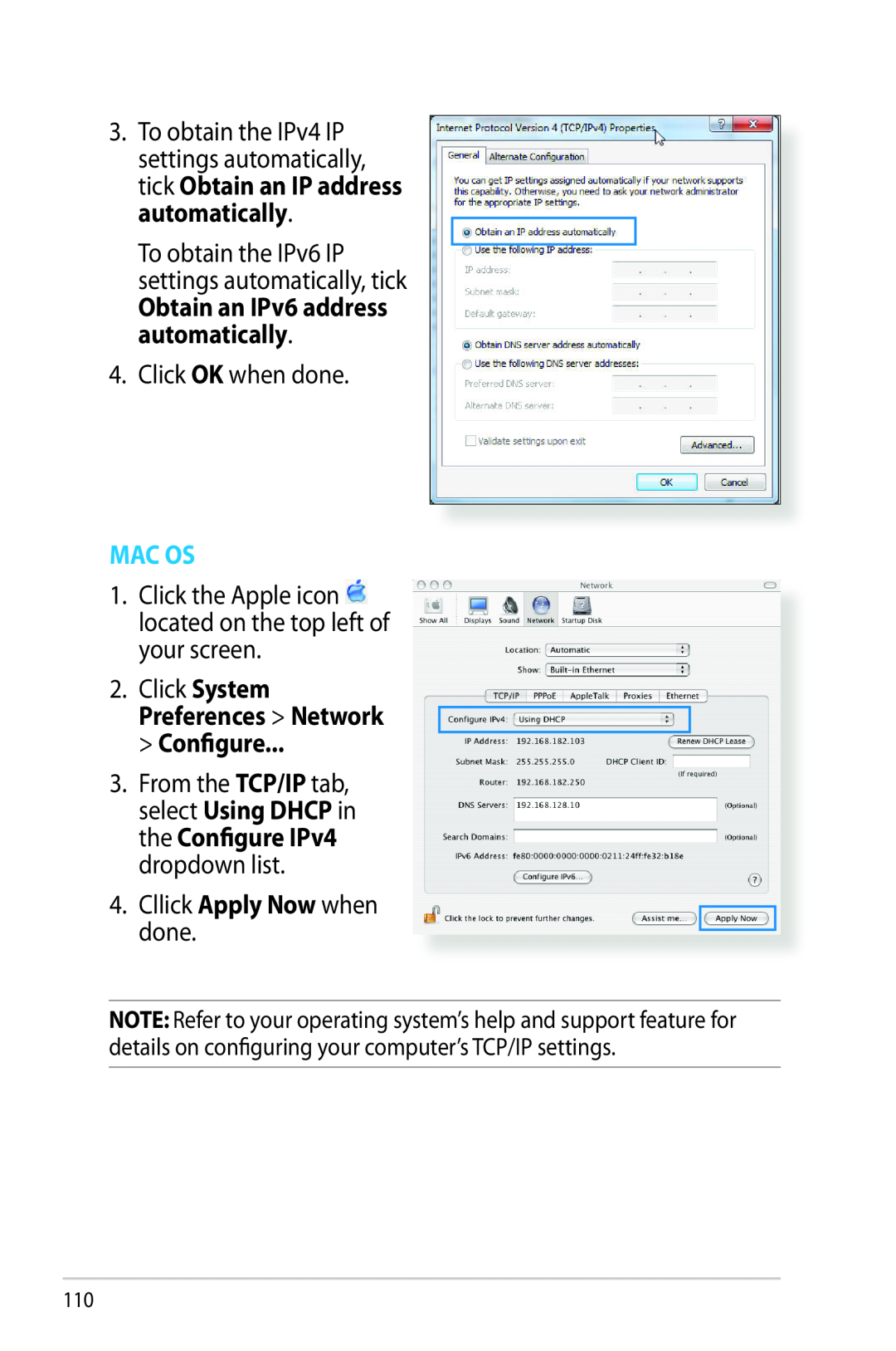 Asus RTAC68U manual Mac Os, To obtain the IPv6 IP settings automatically, tick, Obtain an IPv6 address automatically 