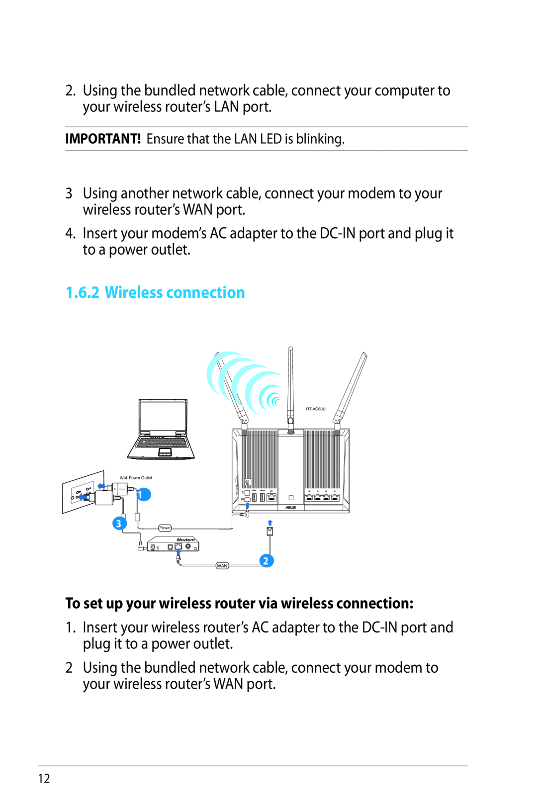 Asus RTAC68U manual Wireless connection, To set up your wireless router via wireless connection 