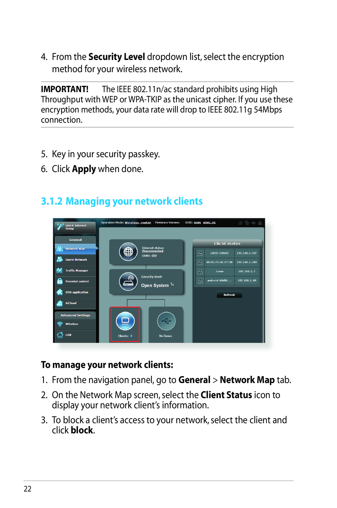 Asus RTAC68U manual Managing your network clients, To manage your network clients 