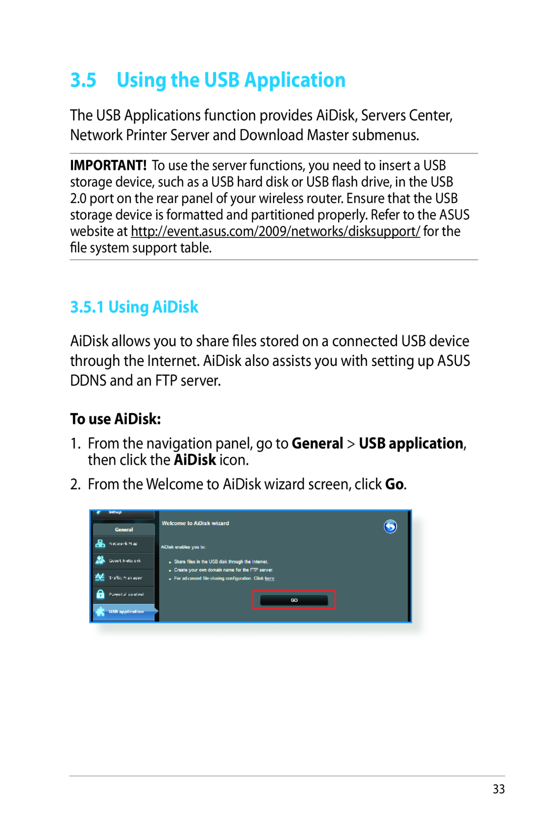 Asus RTAC68U manual Using the USB Application, Using AiDisk, To use AiDisk 