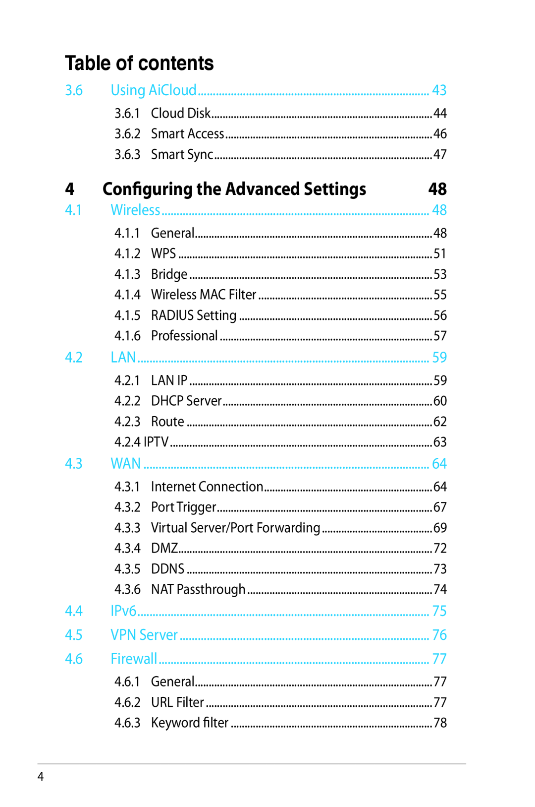 Asus RTAC68U manual Table of contents, Configuring the Advanced Settings, Using AiCloud, IPv6, VPN Server, Firewall 