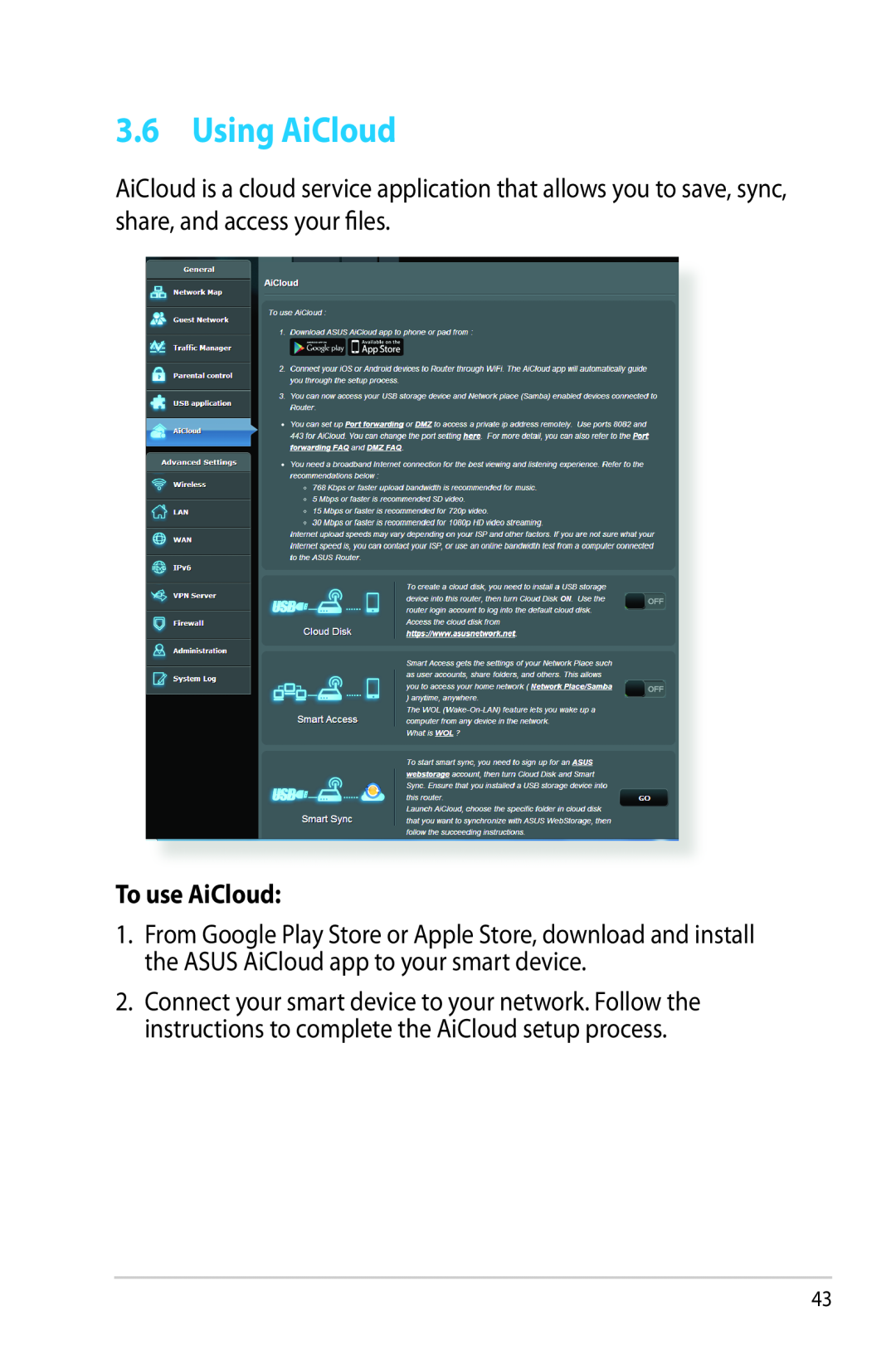 Asus RTAC68U manual Using AiCloud, To use AiCloud 