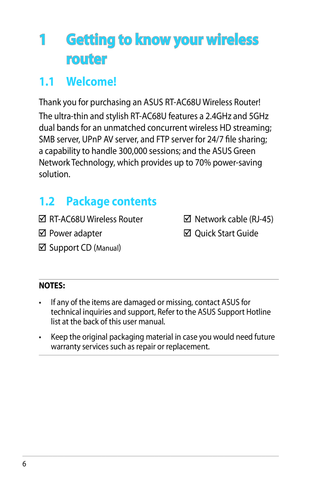 Asus RTAC68U manual Getting to know your wireless router, Welcome, Package contents 