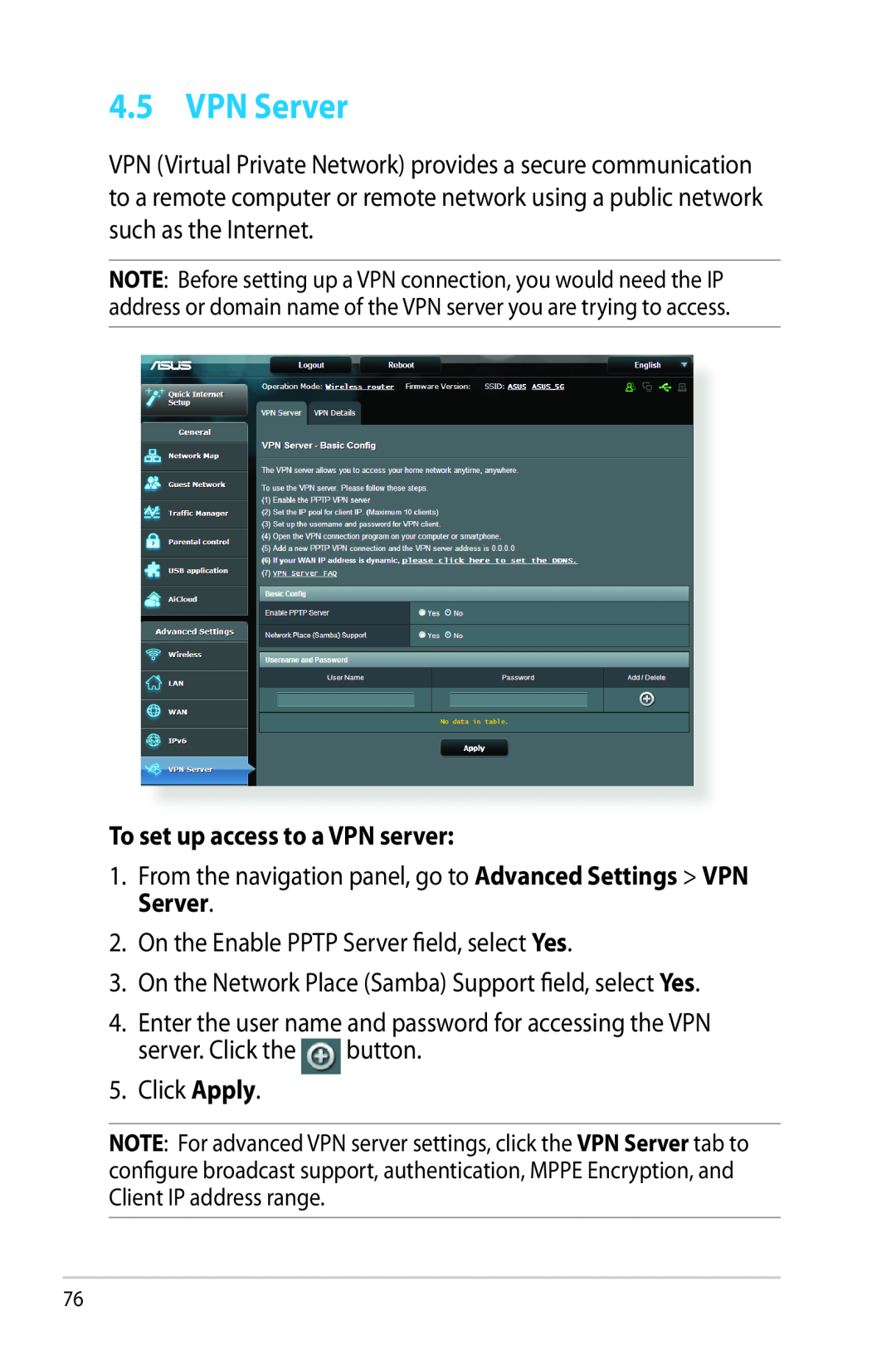 Asus RTAC68U manual VPN Server, To set up access to a VPN server 