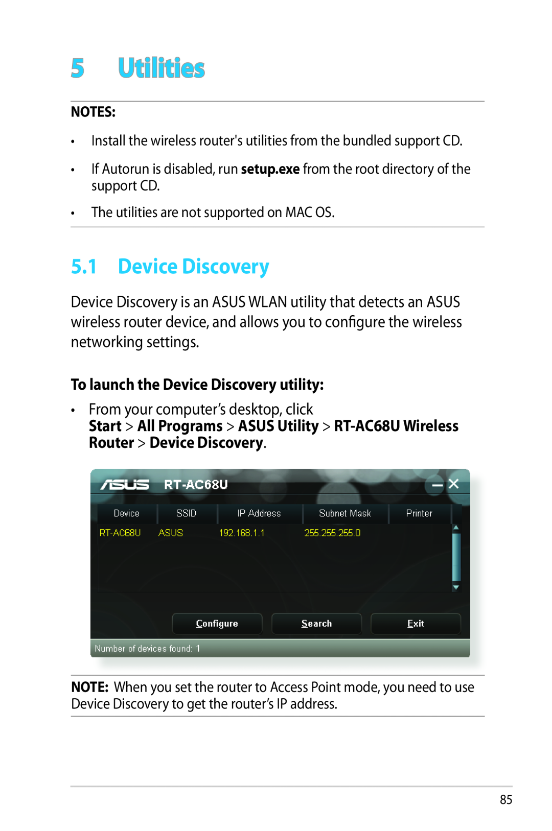 Asus RTAC68U manual Utilities, To launch the Device Discovery utility 