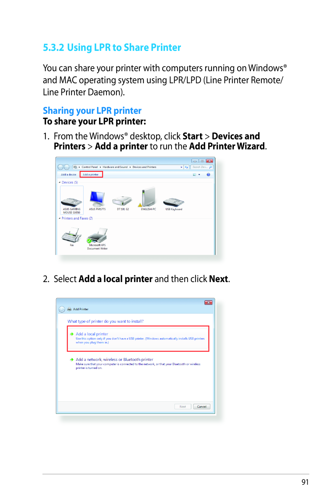 Asus RTAC68U manual Using LPR to Share Printer, Sharing your LPR printer, To share your LPR printer 