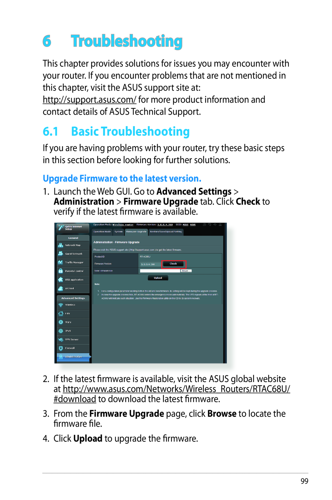 Asus RTAC68U manual Basic Troubleshooting, Upgrade Firmware to the latest version 
