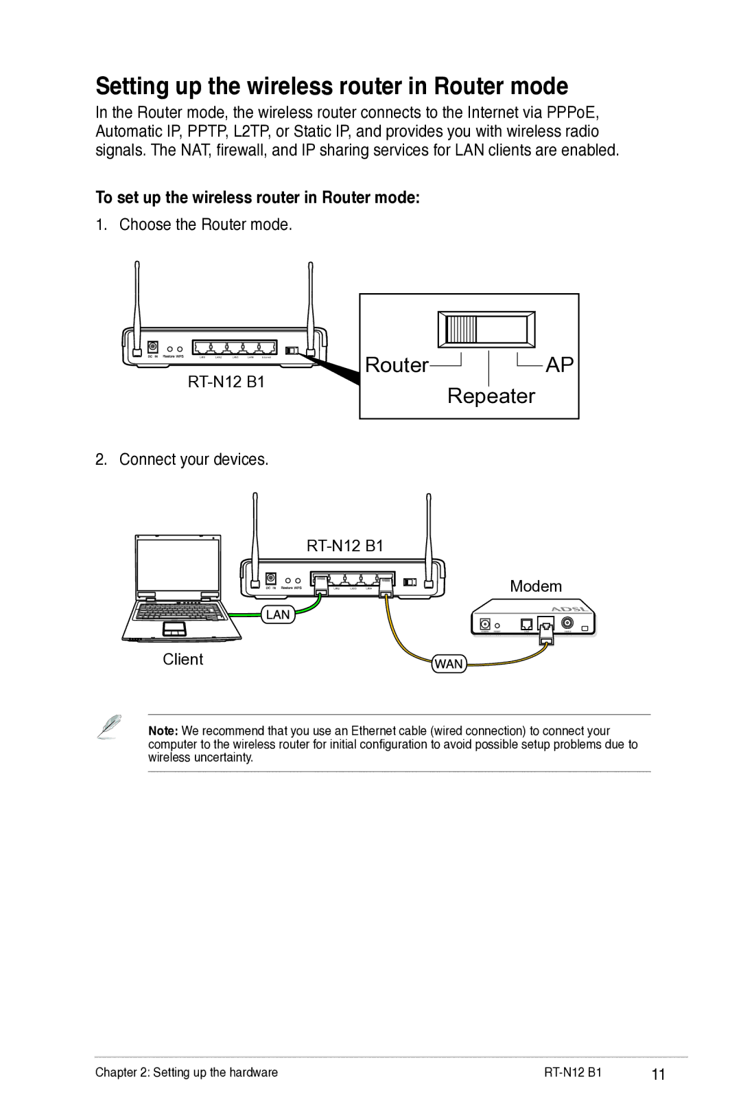 Asus RTN12B1 user manual Setting up the wireless router in Router mode, To set up the wireless router in Router mode 