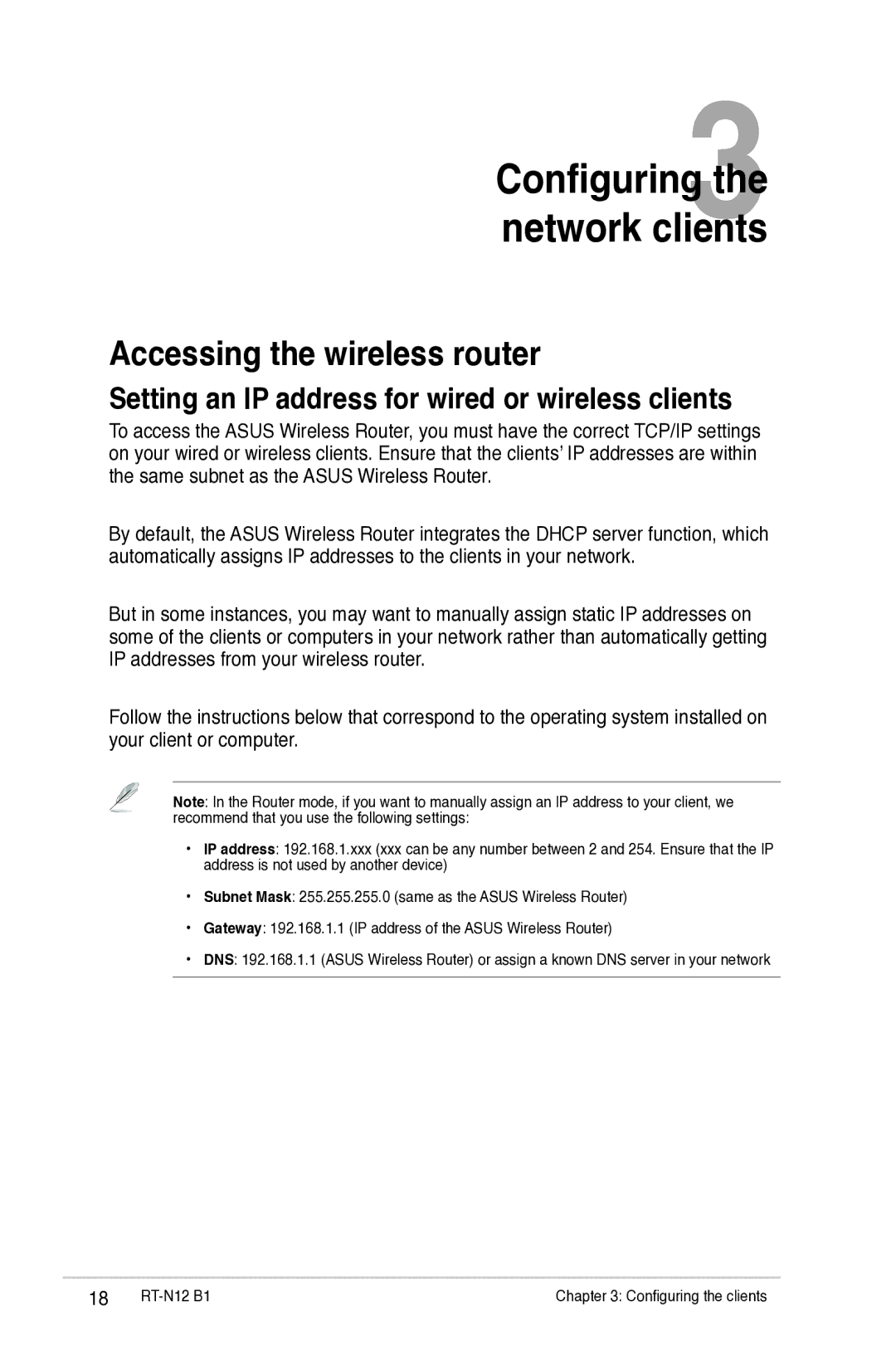 Asus RTN12B1 user manual Accessing the wireless router, Setting an IP address for wired or wireless clients 