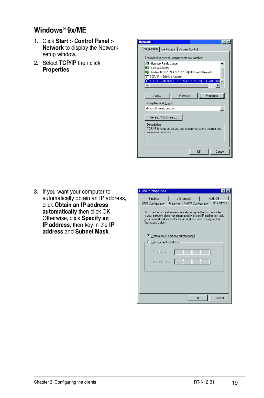 Asus RTN12B1 user manual Windows 9x/ME, Select TCP/IP then click Properties 