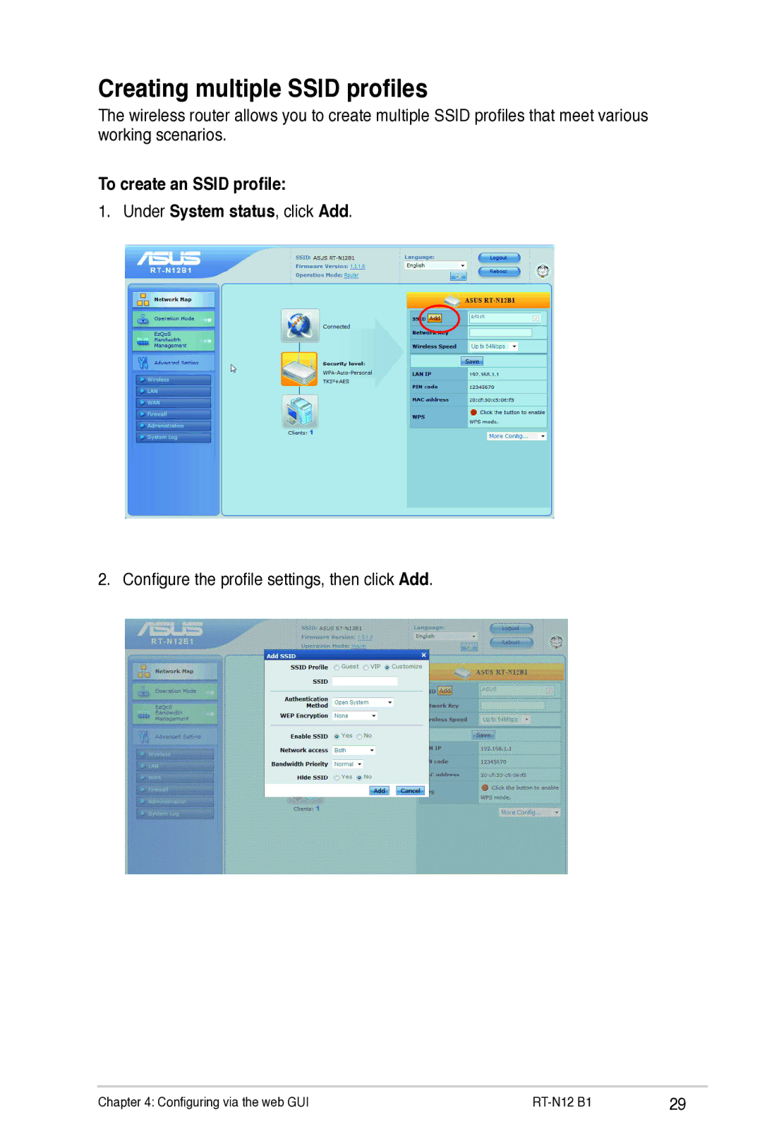 Asus RTN12B1 user manual Creating multiple Ssid profiles, To create an Ssid profile Under System status, click Add 