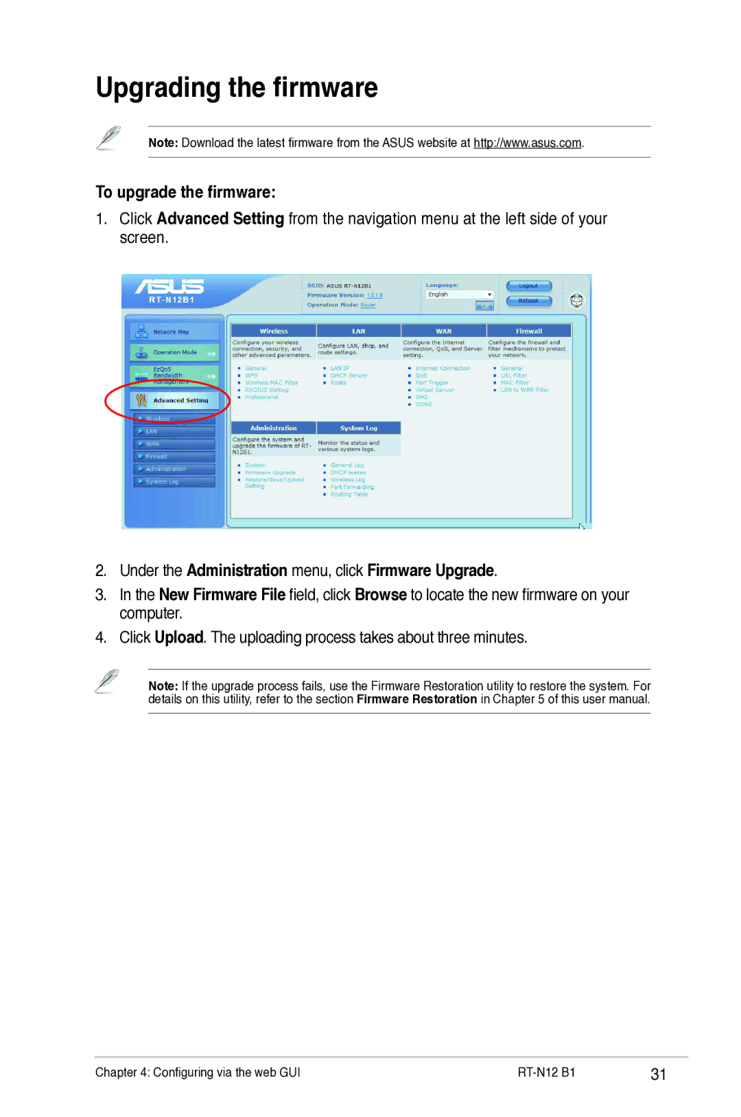 Asus RTN12B1 Upgrading the firmware, To upgrade the firmware, Under the Administration menu, click Firmware Upgrade 