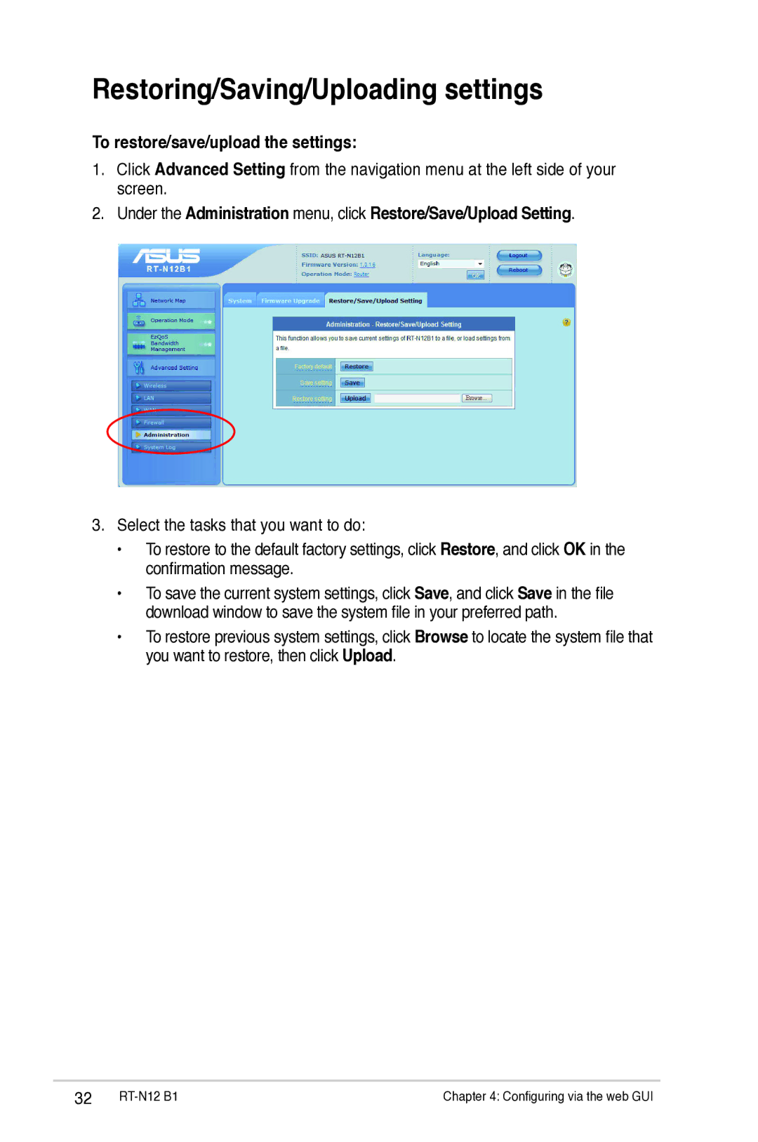 Asus RTN12B1 user manual Restoring/Saving/Uploading settings, To restore/save/upload the settings 