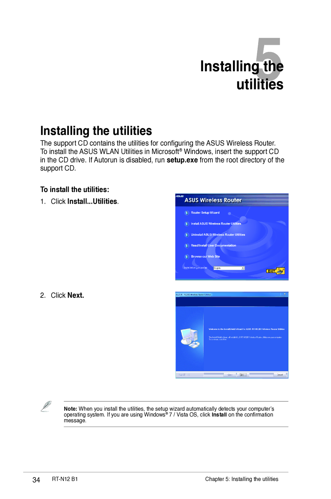 Asus RTN12B1 user manual Installing the utilities, To install the utilities Click Install...Utilities 