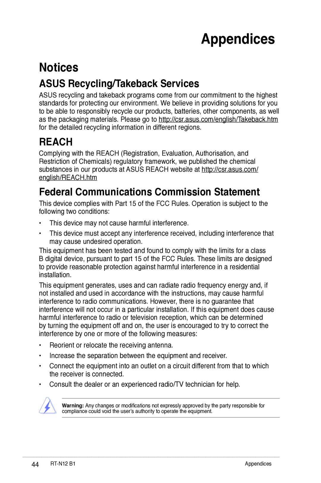 Asus RTN12B1 user manual Asus Recycling/Takeback Services, Federal Communications Commission Statement 