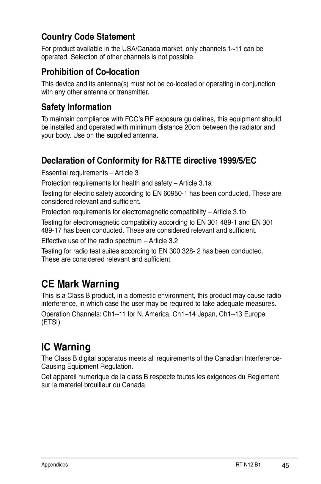 Asus RTN12B1 user manual CE Mark Warning, IC Warning 