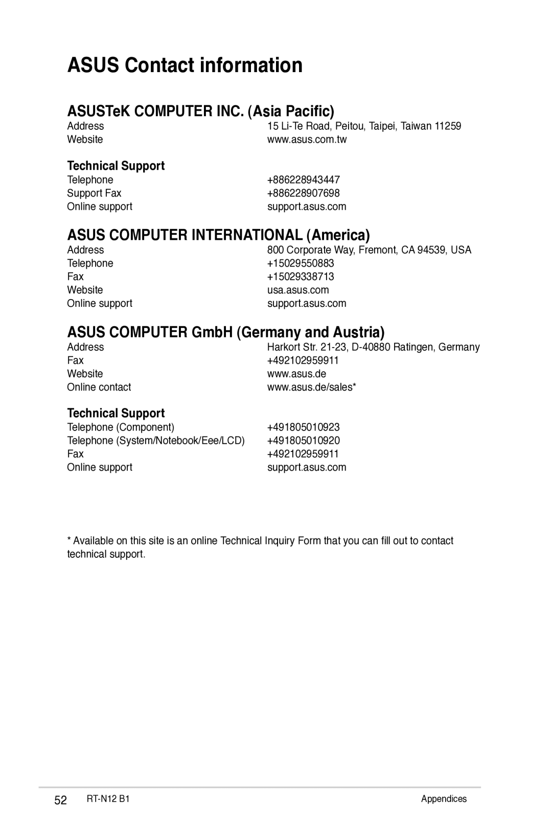 Asus RTN12B1 user manual Asus Contact information, ASUSTeK Computer INC. Asia Pacific, Asus Computer International America 