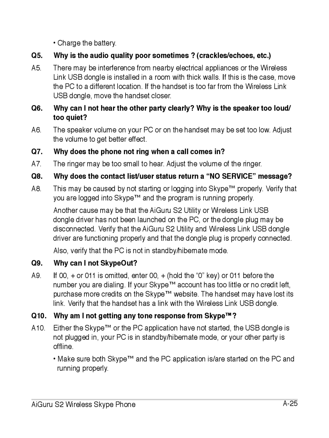 Asus S2 manual Q7. Why does the phone not ring when a call comes in?, Q9. Why can I not SkypeOut? 