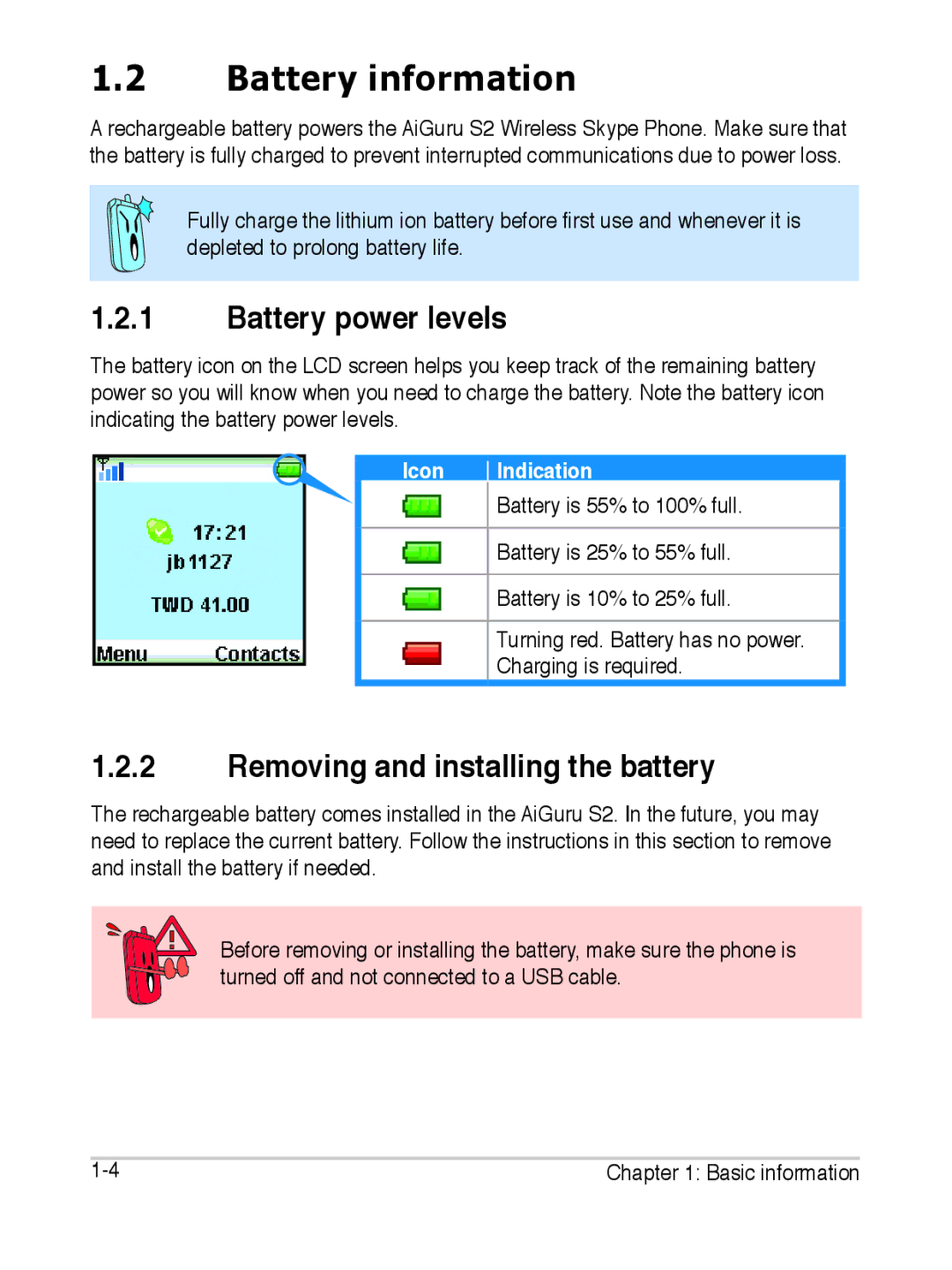 Asus S2 manual Battery information, Battery power levels, Removing and installing the battery 