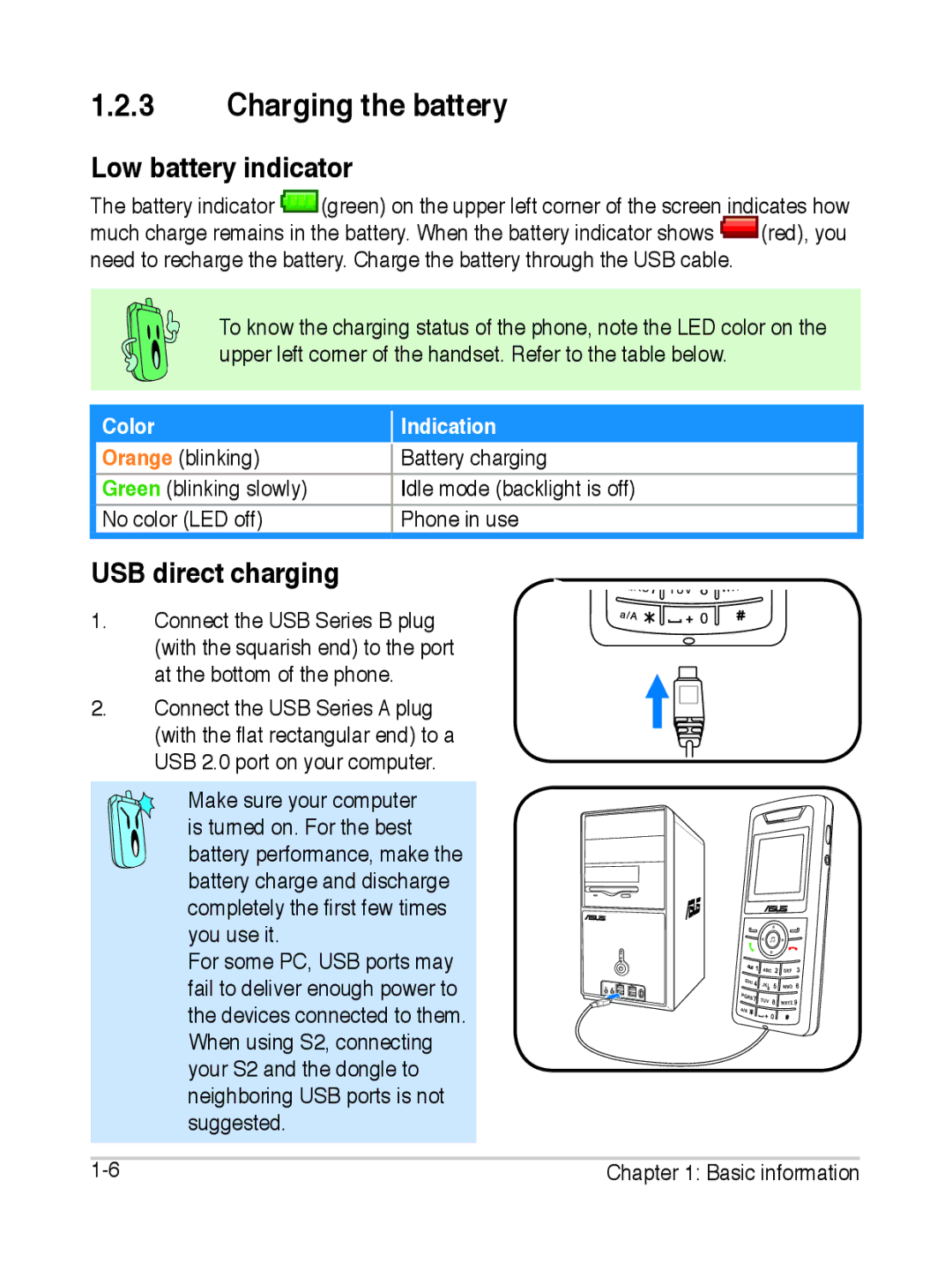 Asus S2 manual Charging the battery, Low battery indicator, USB direct charging 