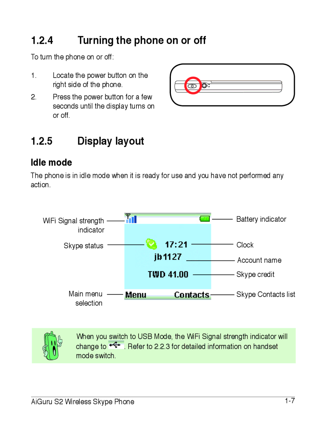 Asus S2 manual Turning the phone on or off, Display layout, Idle mode 