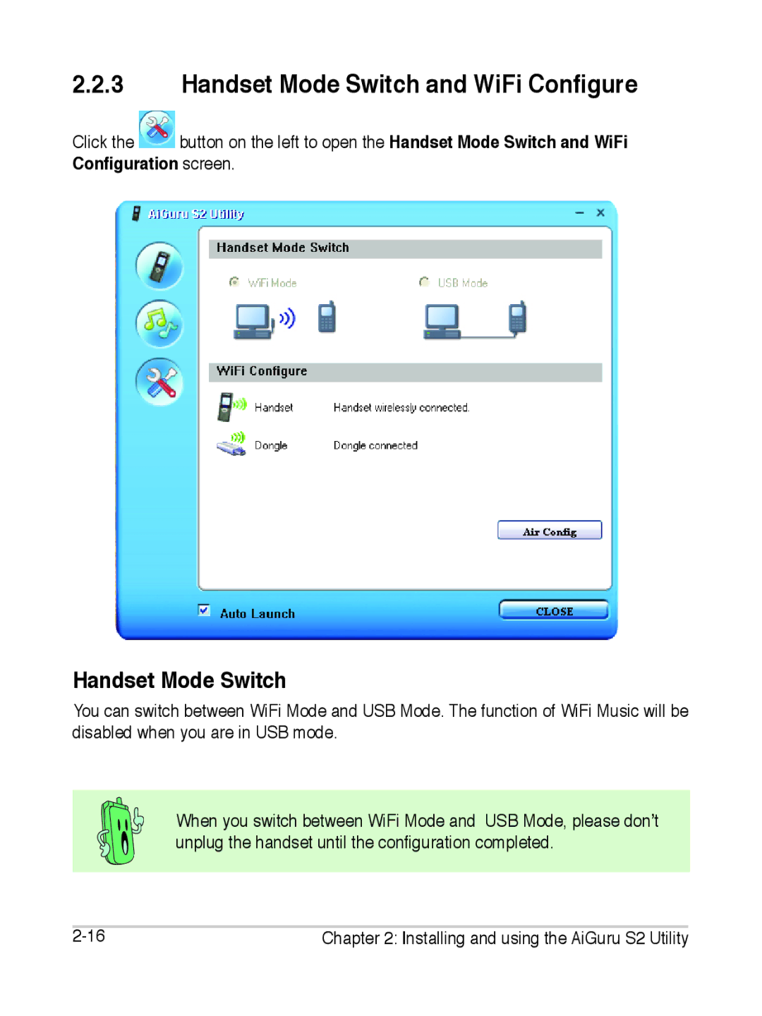 Asus S2 manual Handset Mode Switch and WiFi Configure, Configuration screen 