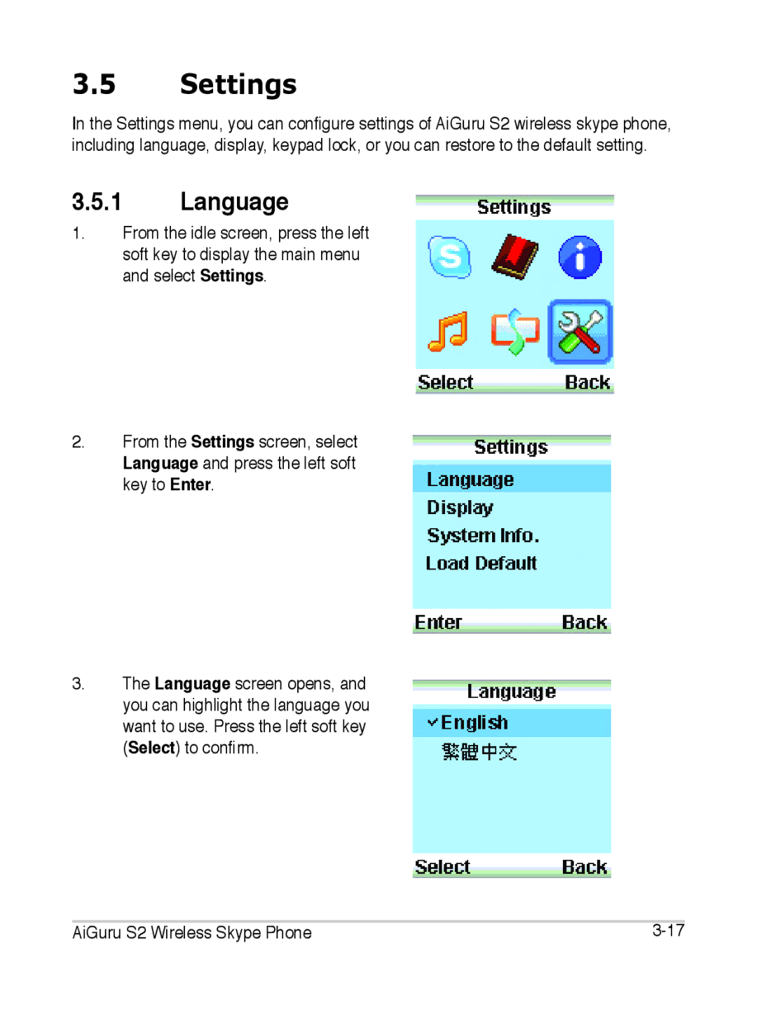 Asus S2 manual Settings, Language 