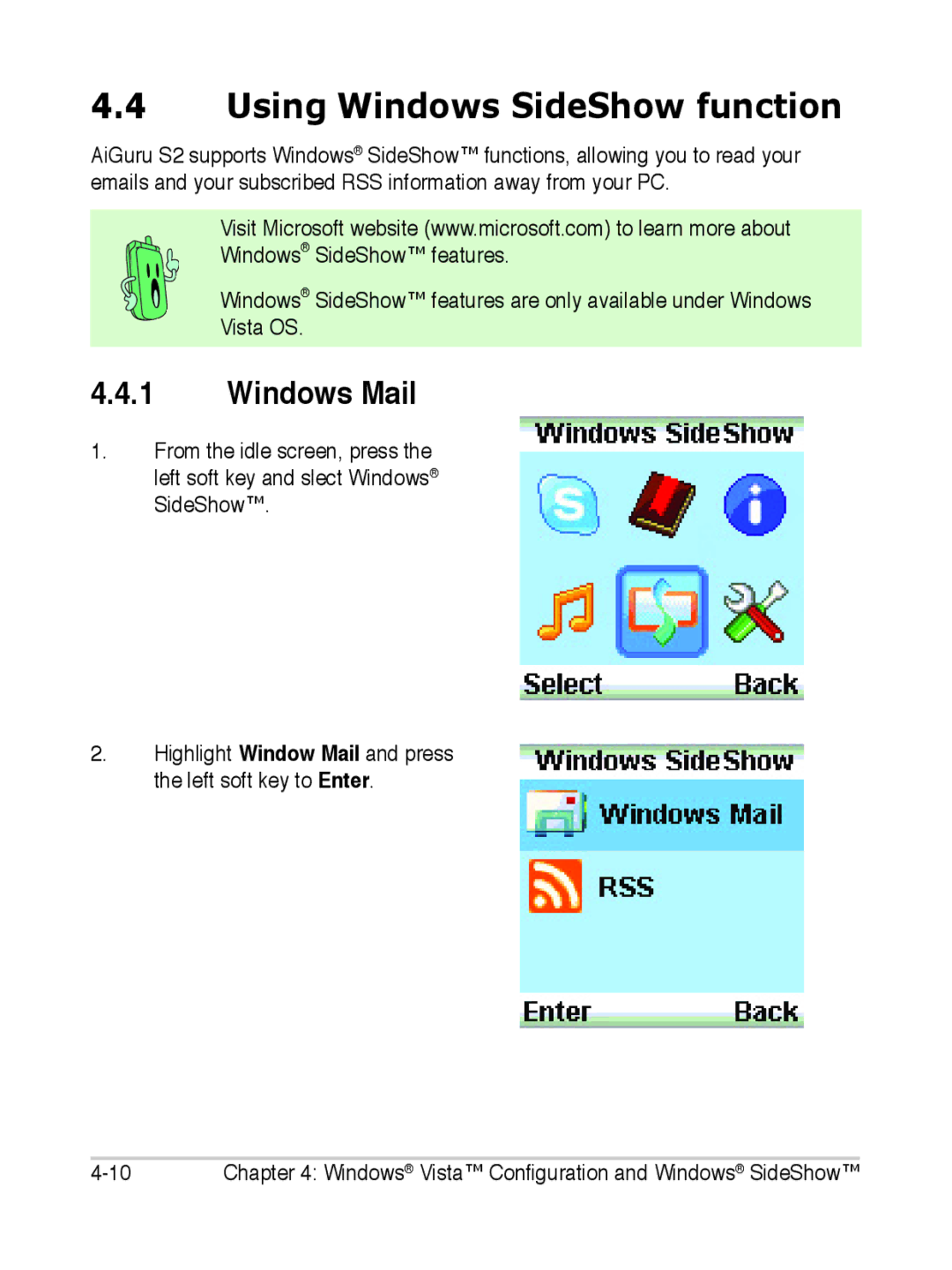 Asus S2 manual Using Windows SideShow function, Windows Mail 