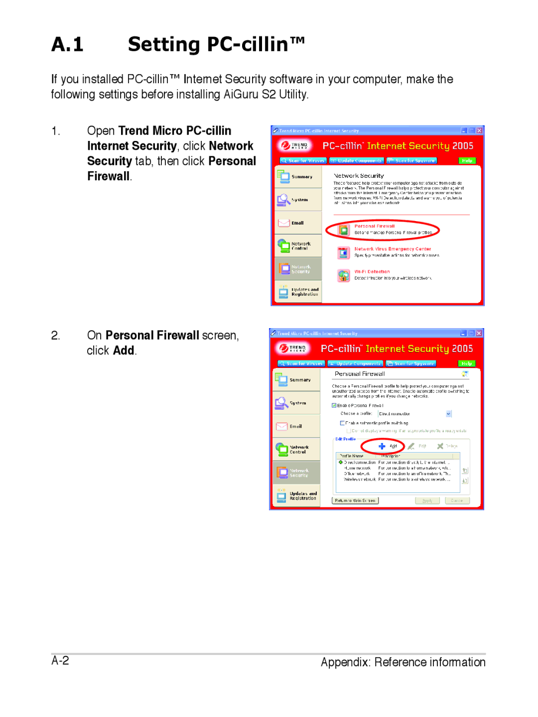 Asus S2 manual Setting PC-cillin 