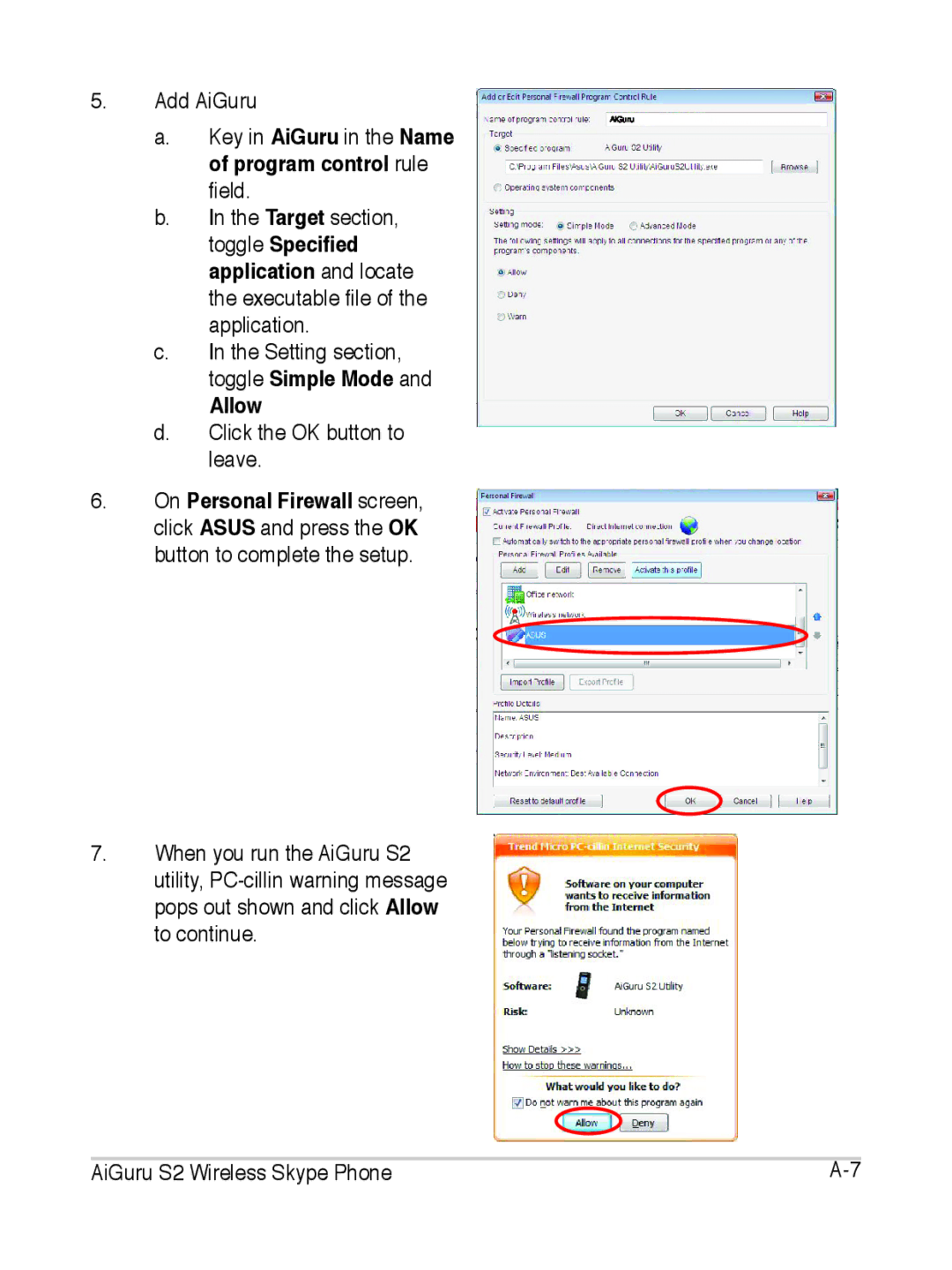 Asus S2 manual Key in AiGuru in the Name of program control rule field, Allow 