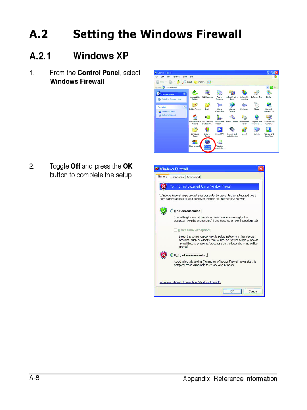 Asus S2 manual Setting the Windows Firewall, Windows XP, From the Control Panel, select Windows Firewall 