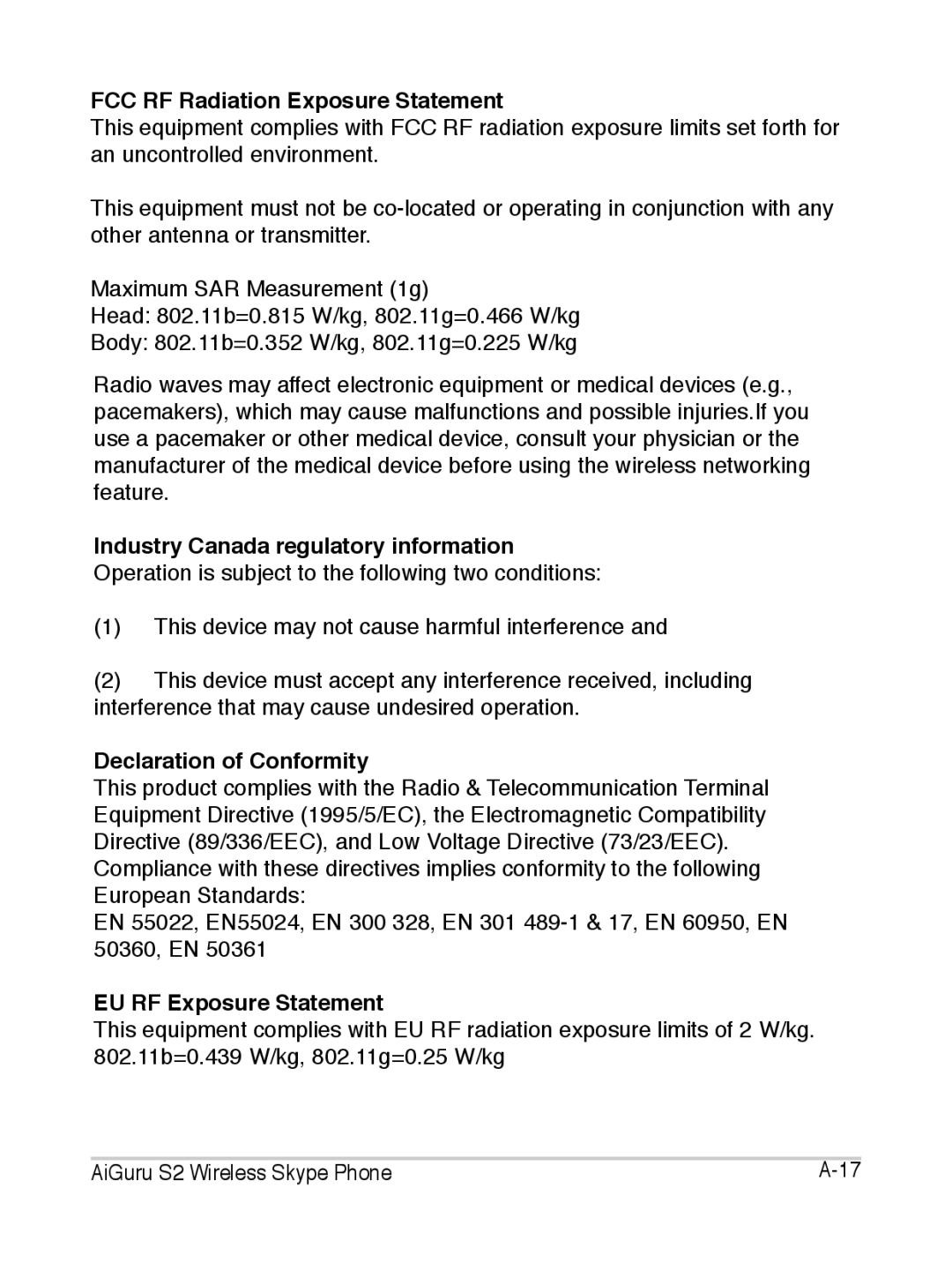 Asus S2 manual FCC RF Radiation Exposure Statement, Declaration of Conformity, EU RF Exposure Statement 