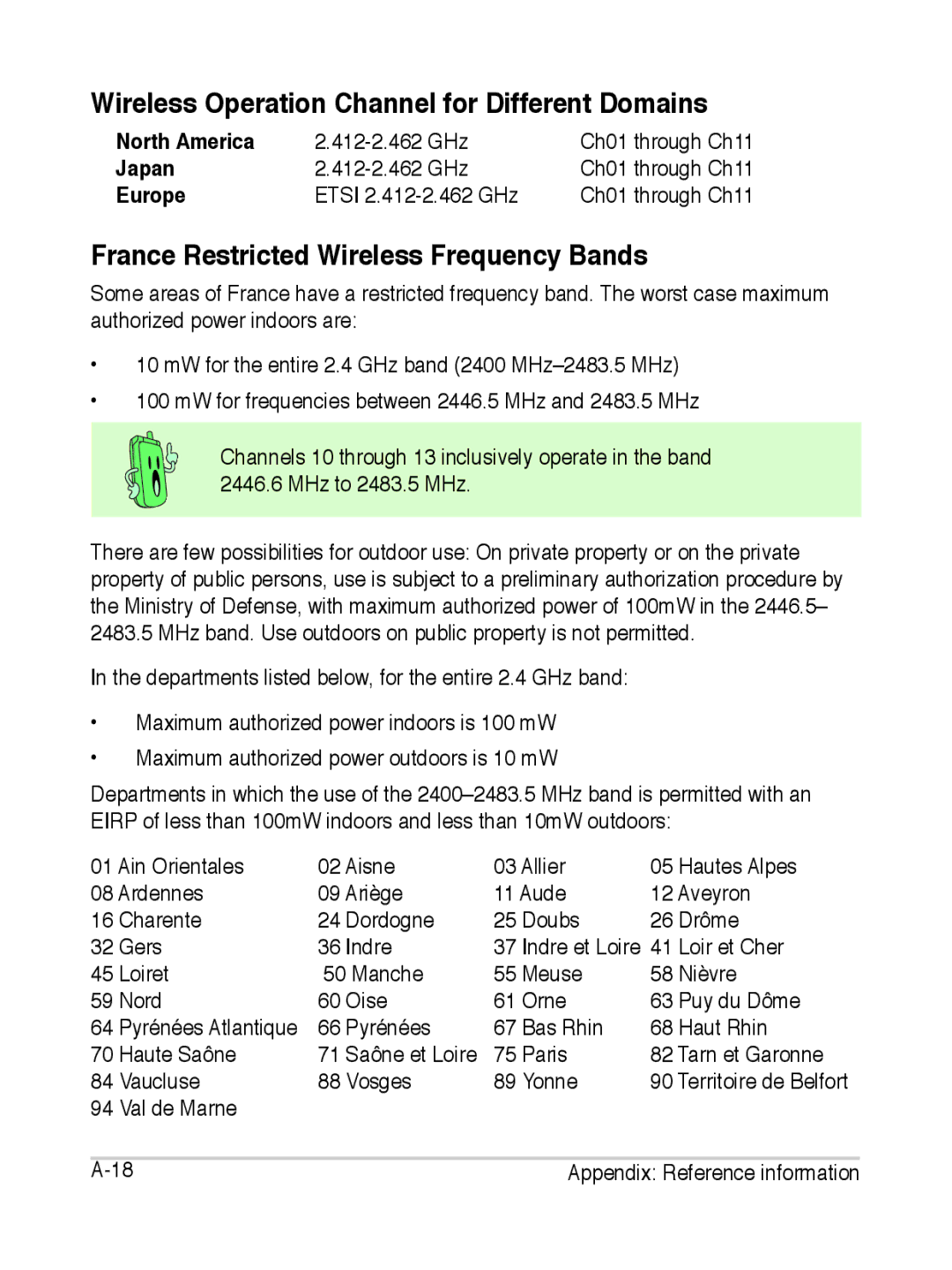 Asus S2 Wireless Operation Channel for Different Domains, France Restricted Wireless Frequency Bands, North America, Japan 