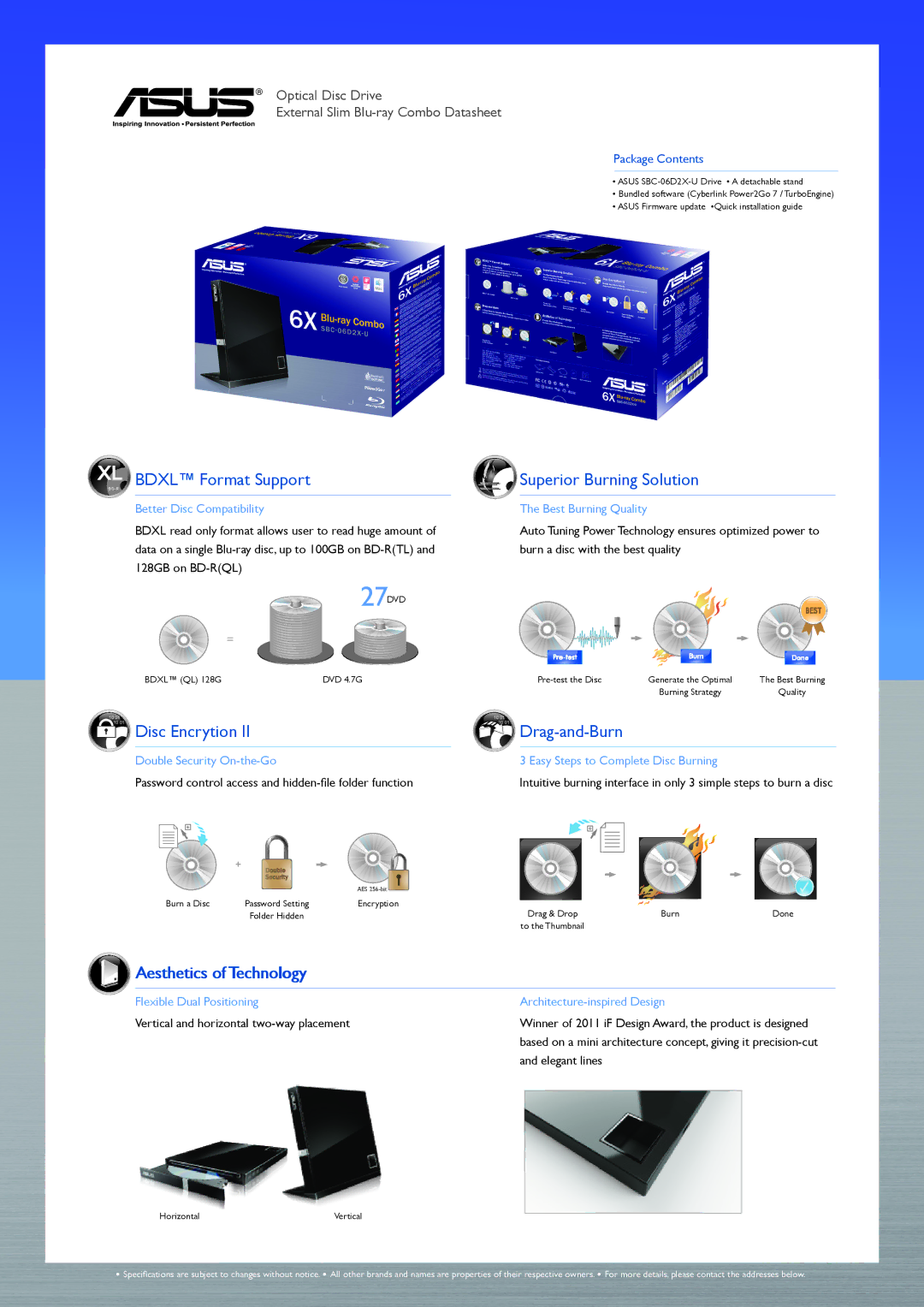 Asus SBW06D2XU, SBC06D2XUBLKGAS specifications Bdxl Format Support, Disc Encrytion, Superior Burning Solution, Drag-and-Burn 