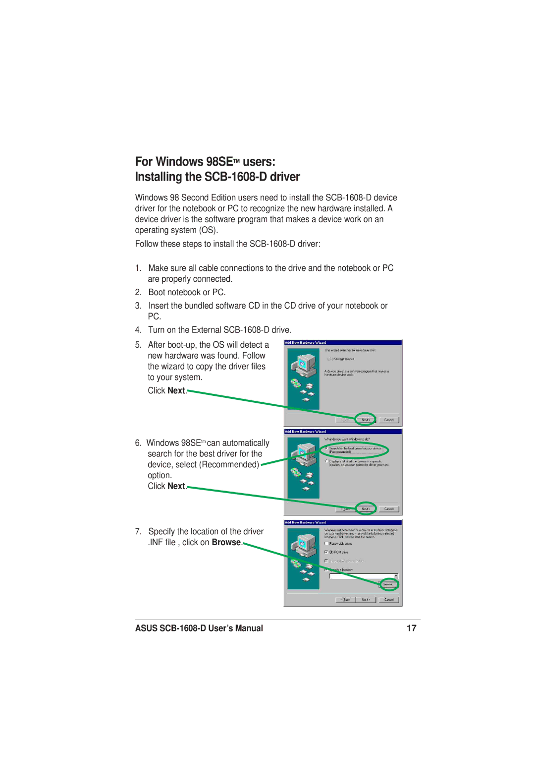 Asus user manual For Windows 98SETM users Installing the SCB-1608-D driver 