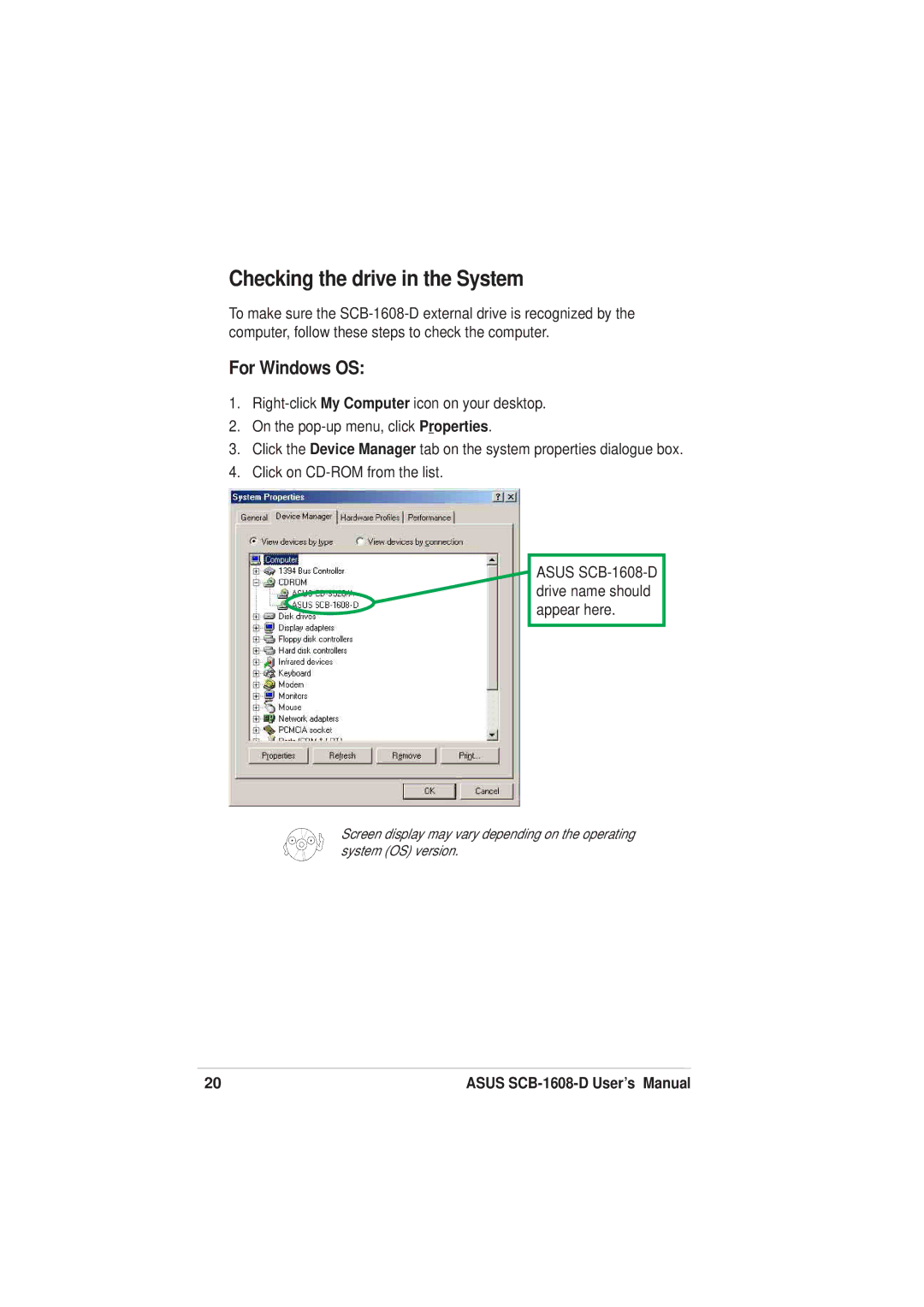 Asus SCB-1608-D user manual Checking the drive in the System, For Windows OS 