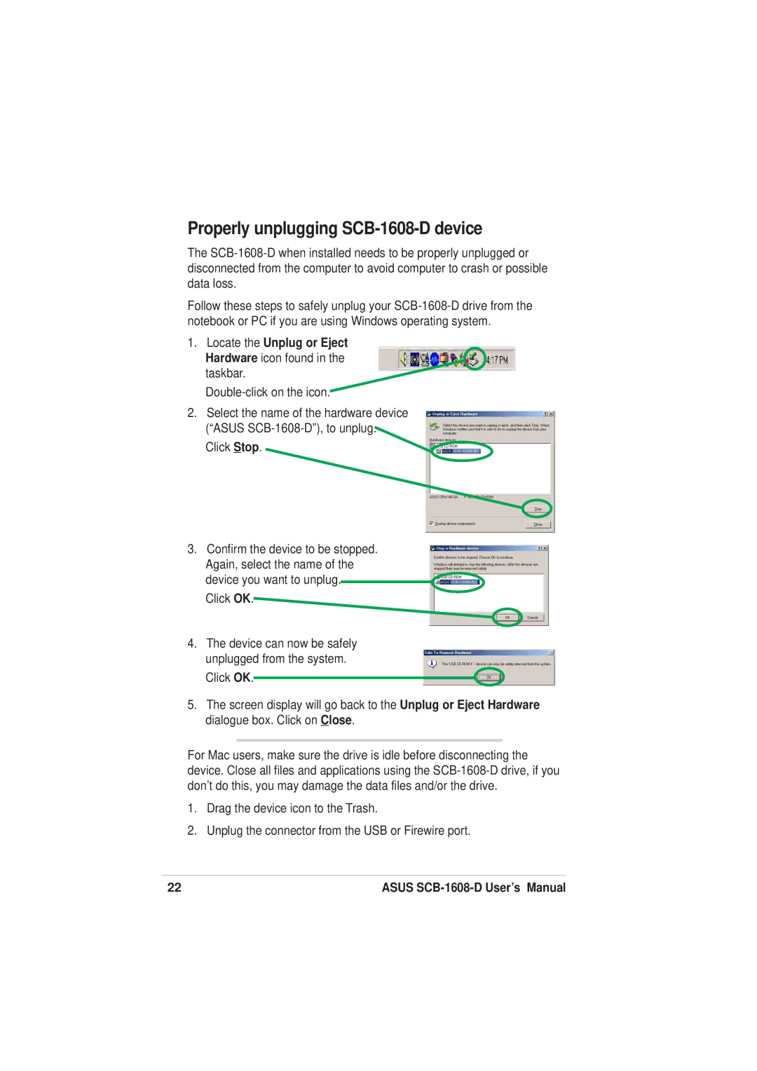 Asus user manual Properly unplugging SCB-1608-D device 