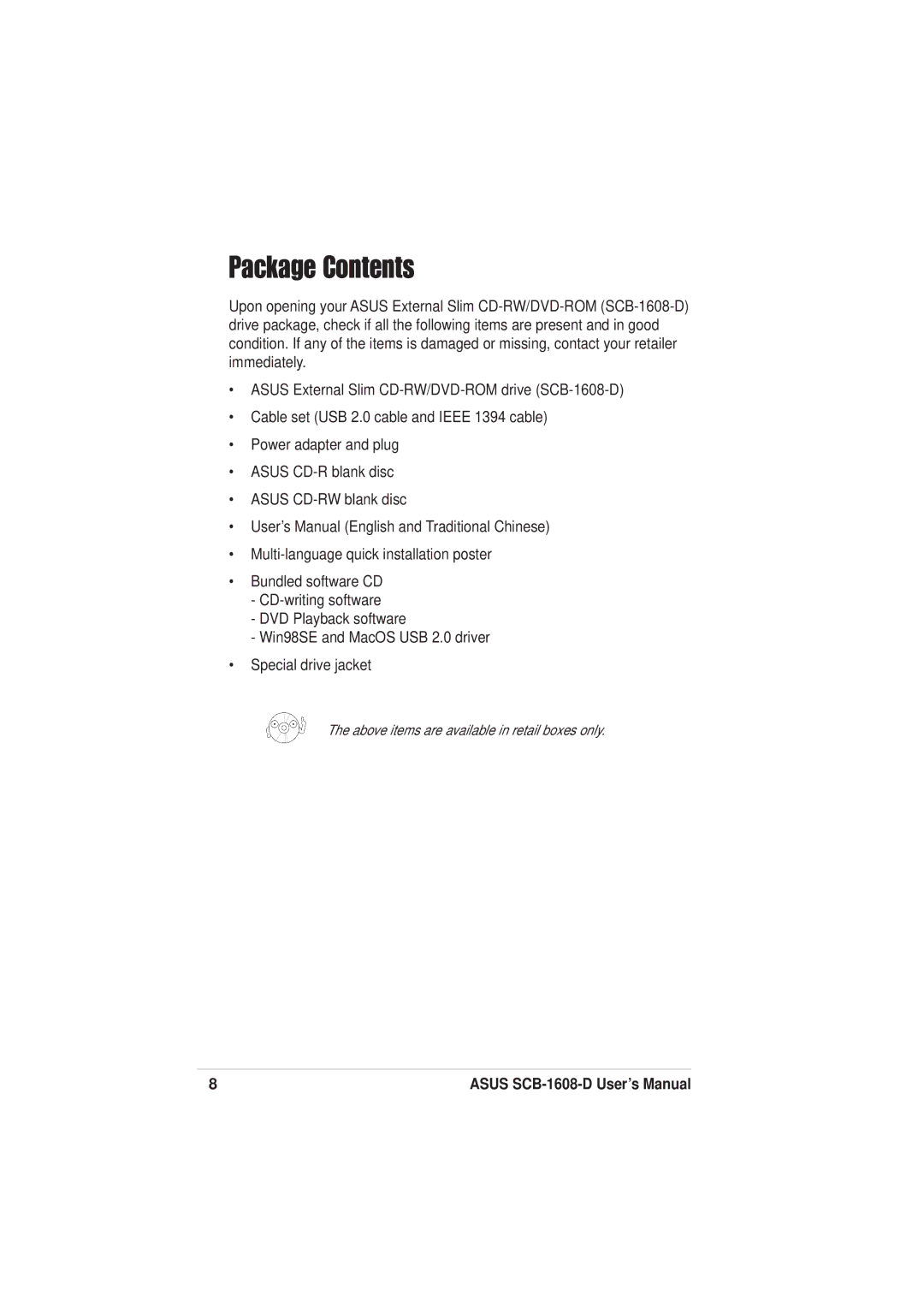 Asus SCB-1608-D user manual Package Contents 