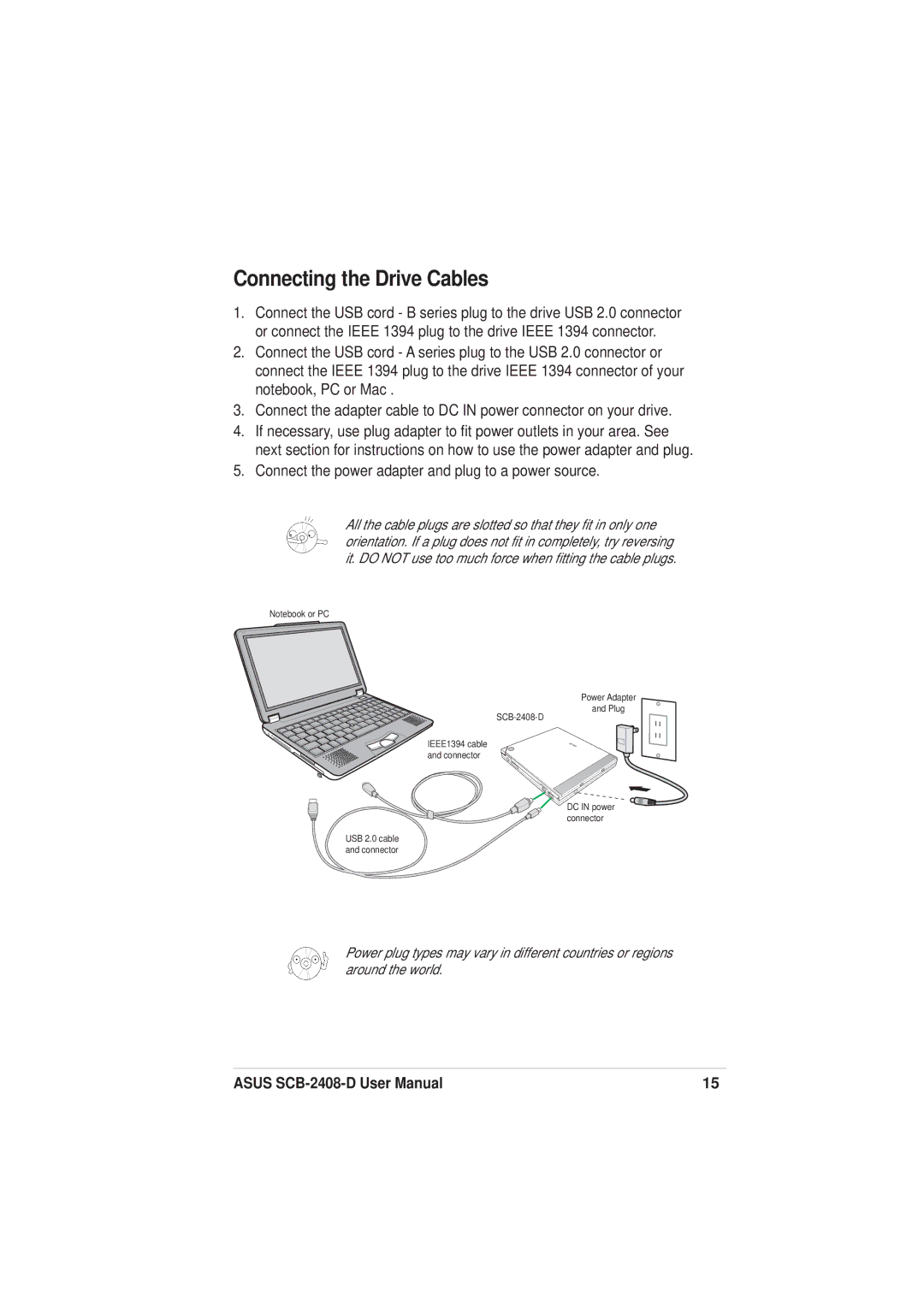 Asus SCB-2408-D user manual Connecting the Drive Cables, Connect the power adapter and plug to a power source 