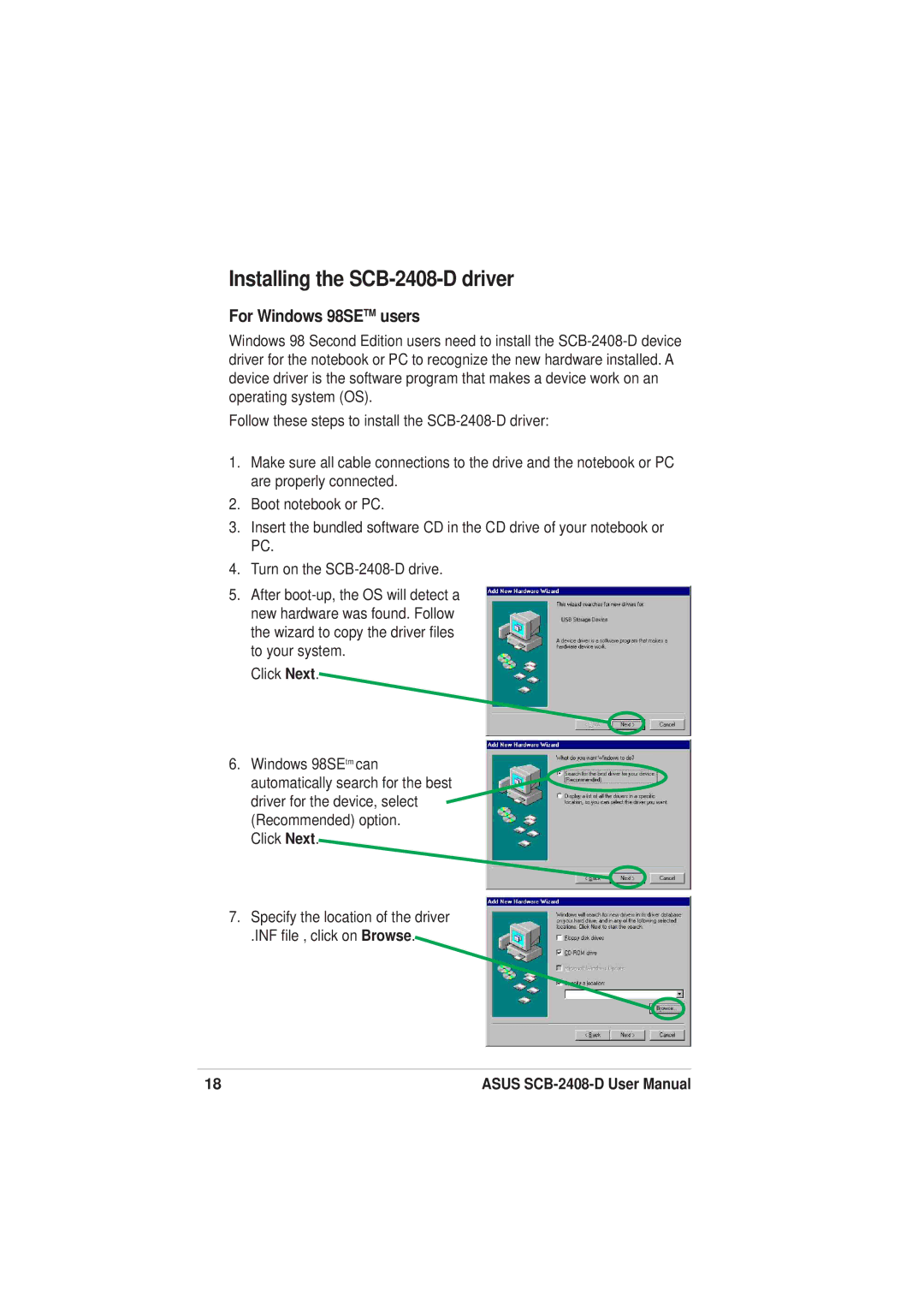 Asus user manual Installing the SCB-2408-D driver, For Windows 98SETM users 