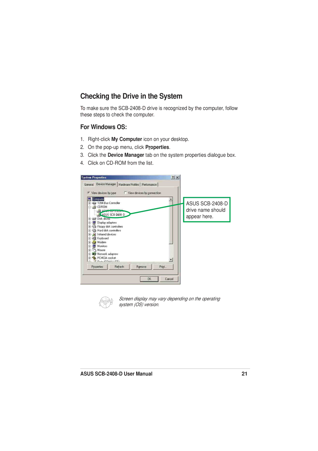 Asus SCB-2408-D user manual Checking the Drive in the System, For Windows OS 