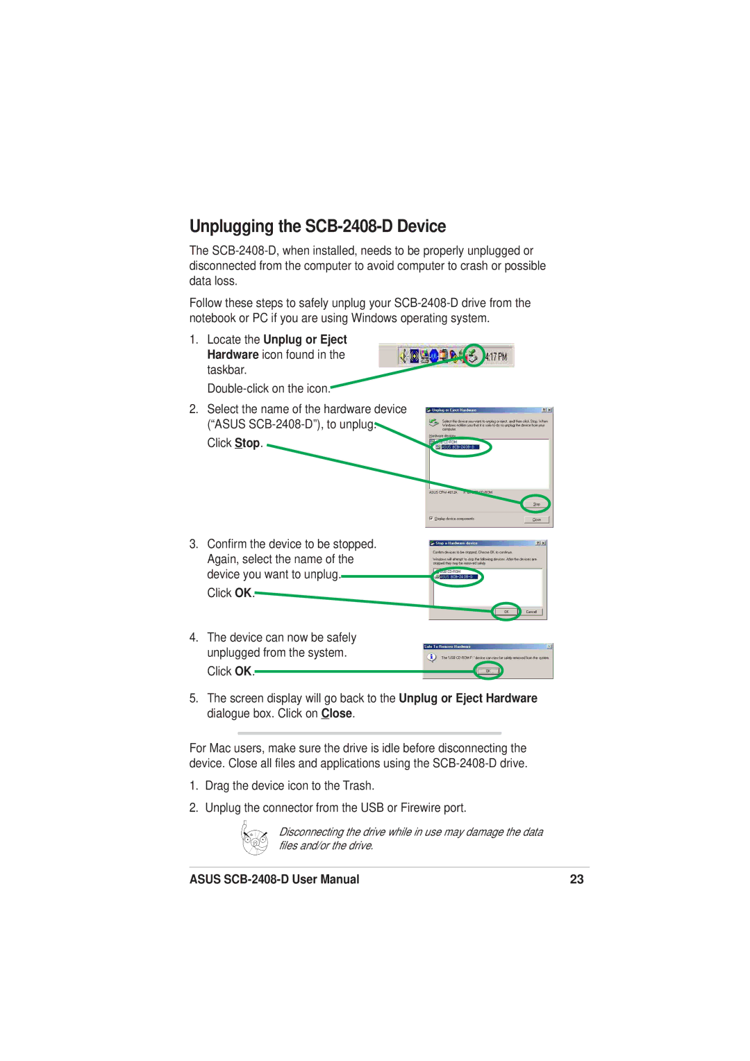 Asus user manual Unplugging the SCB-2408-D Device 