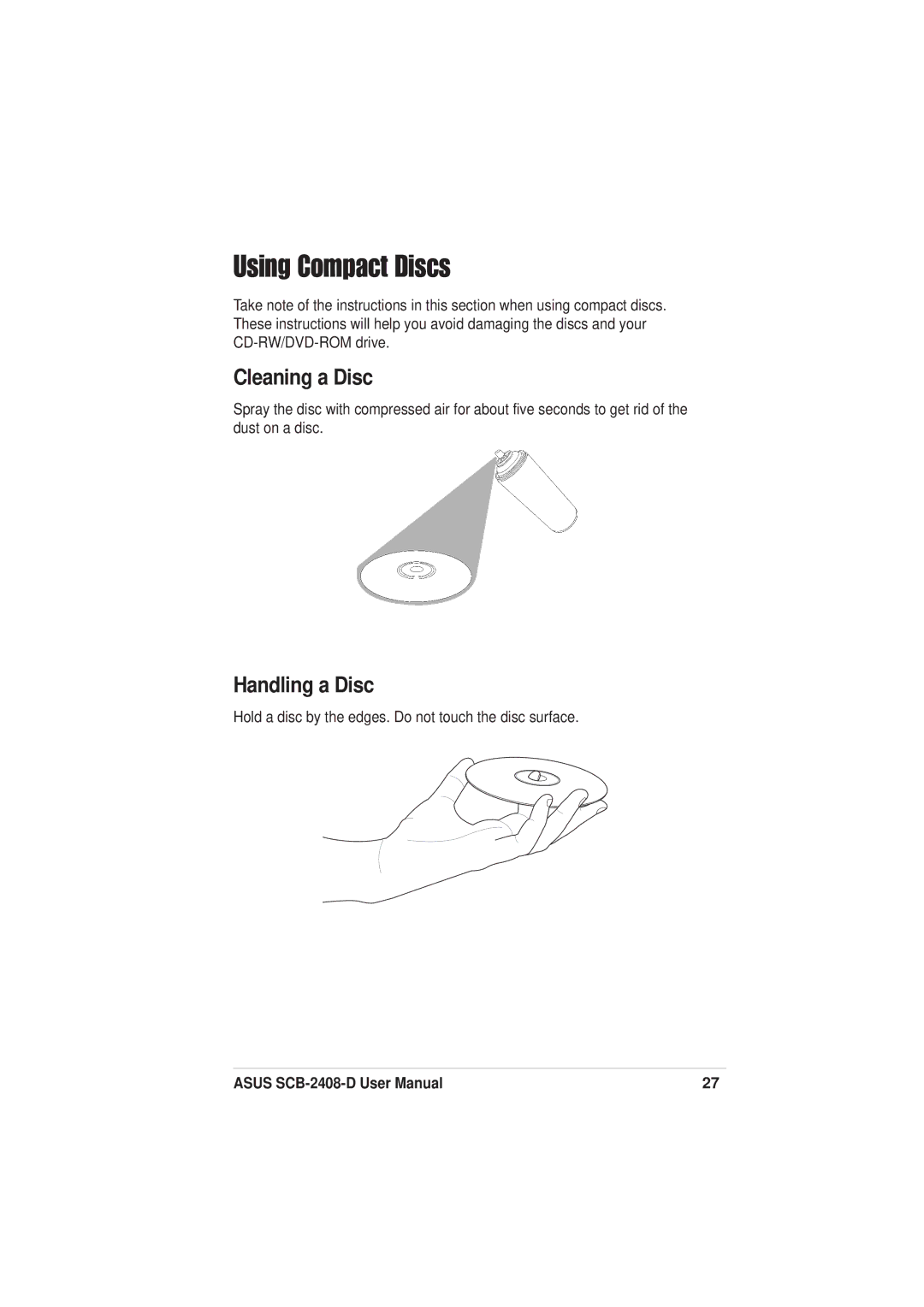 Asus SCB-2408-D user manual Using Compact Discs, Cleaning a Disc, Handling a Disc 