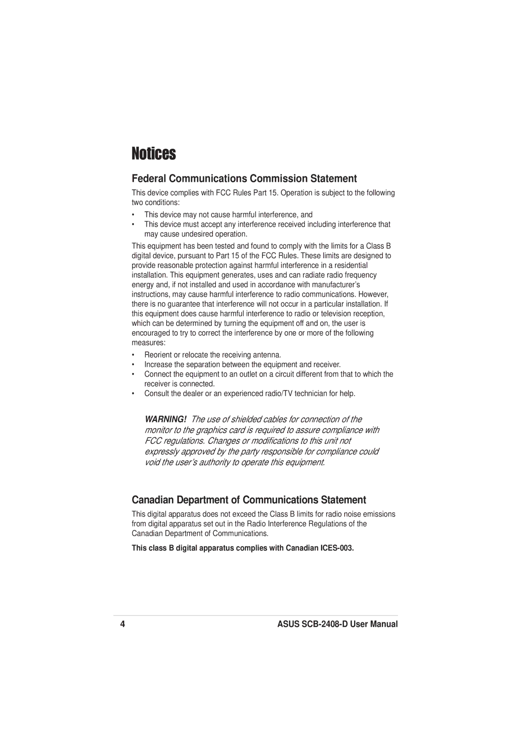 Asus SCB-2408-D user manual Federal Communications Commission Statement 