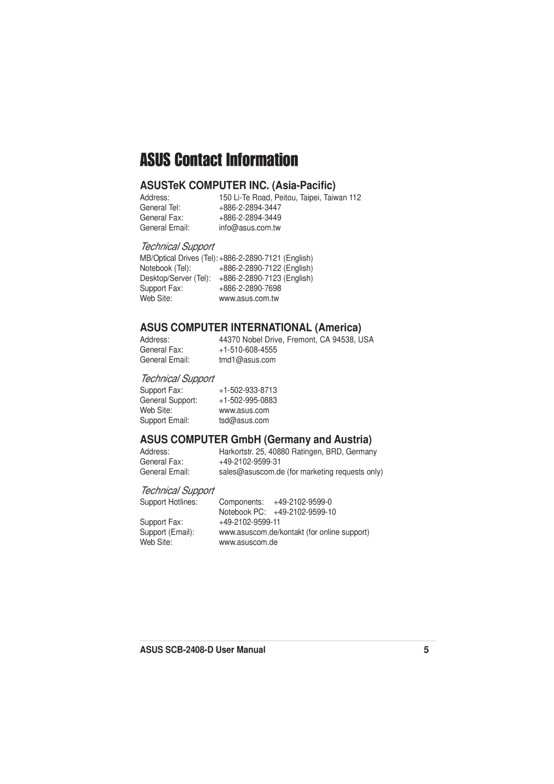 Asus SCB-2408-D user manual Asus Contact Information, ASUSTeK Computer INC. Asia-Pacific 