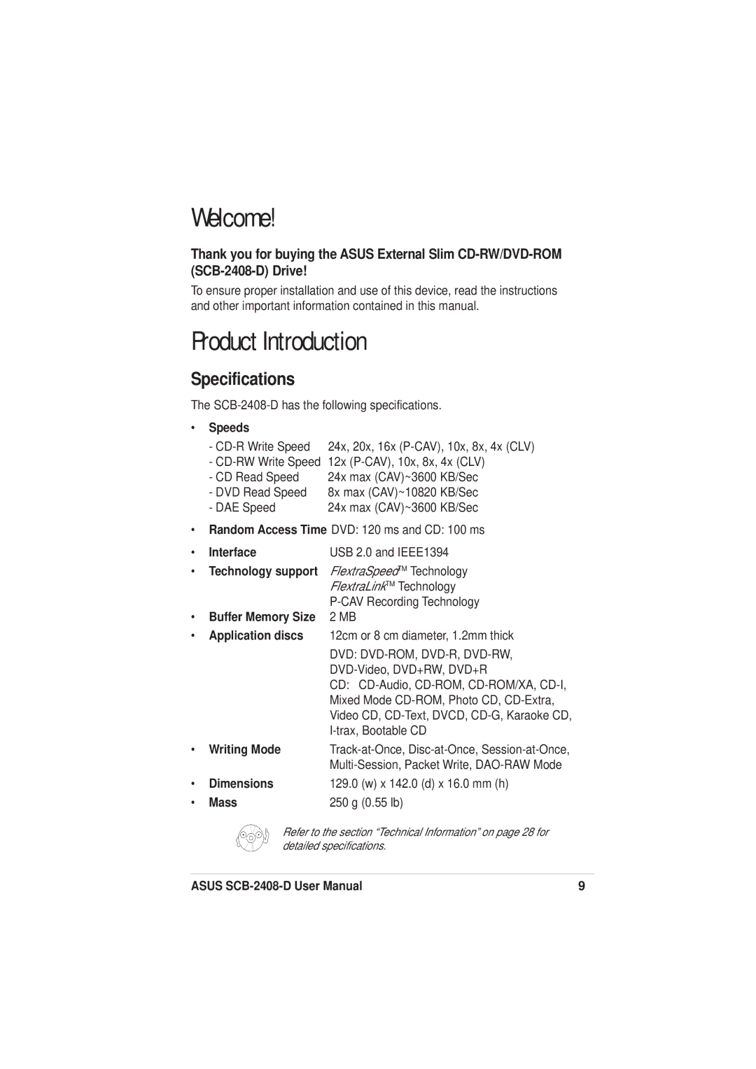 Asus SCB-2408-D user manual Welcome, Product Introduction, Specifications 